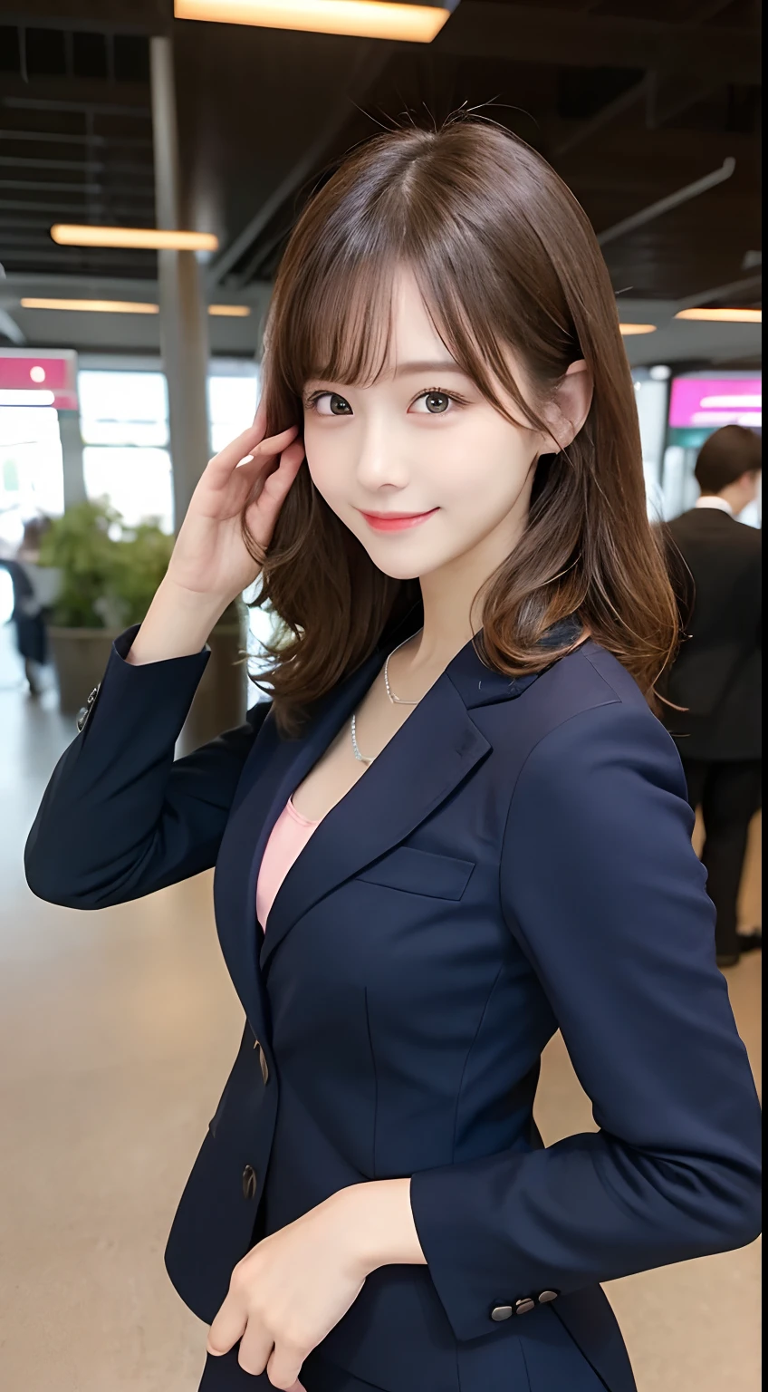 masutepiece, Best Quality, Illustration, Ultra-detailed, finely detail, hight resolution, 8K Wallpaper, Perfect dynamic composition, Beautiful detailed eyes, Office Casual Suit(Light pink color),Medium wavy hair,small tits、Natural Color Lip, Bold sexy poses,Smile,Narita Airport Terminal、20 years girl、Cute、Sexy shot looking at camera、Slender body type、saluting