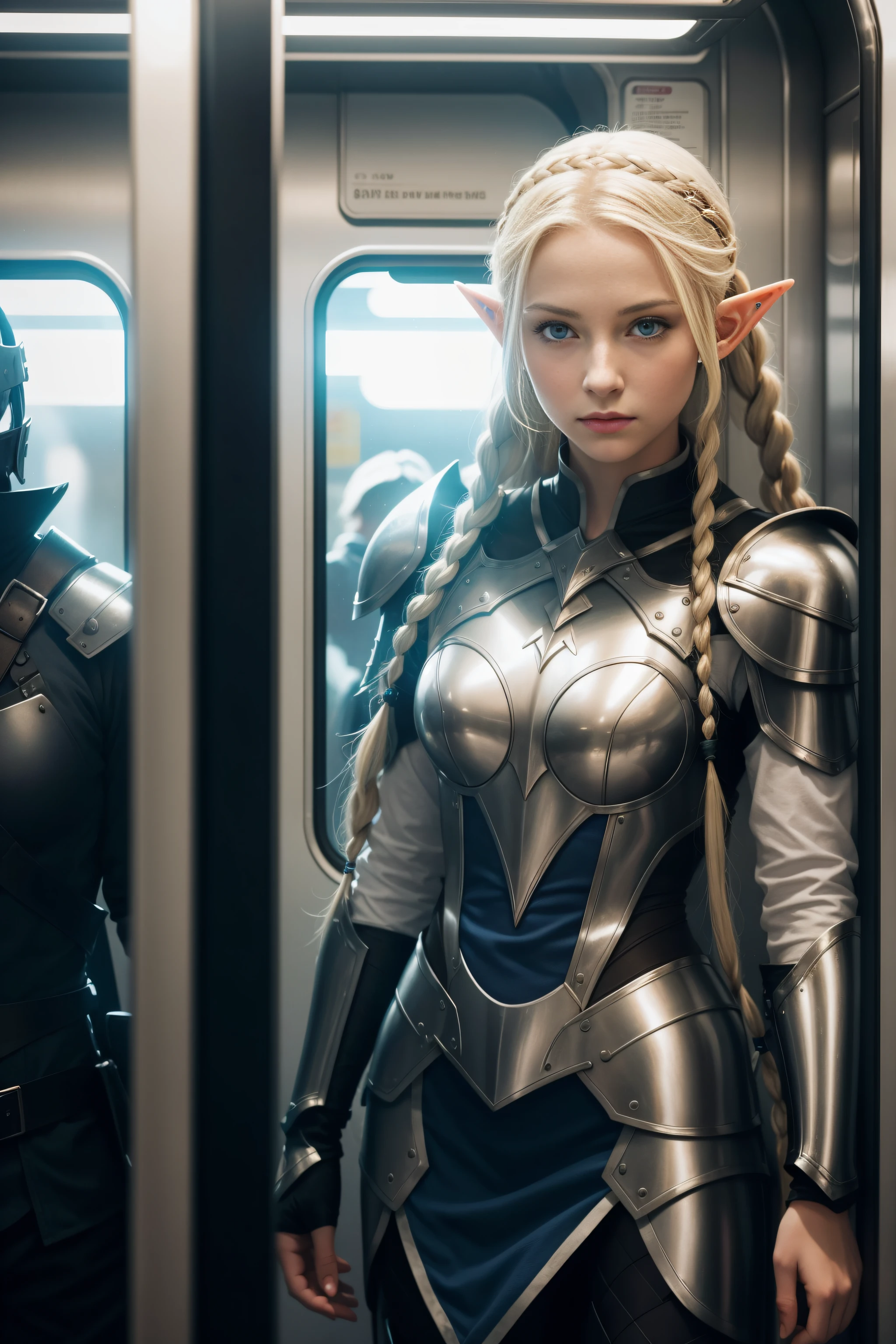 A blonde, beautiful, straight-haired elf with two braids, blue eyes, wearing light female armor, is standing inside a subway car.