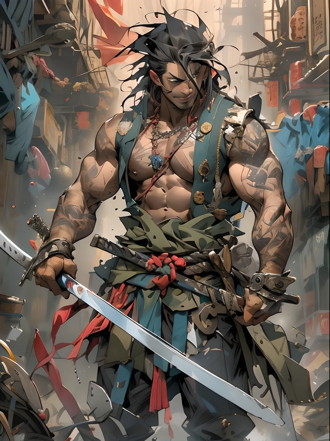 (((mtu))), (((best qualityer))), (((tmasterpiece))), (((AS-Adult))), ((( Japanese ))), Look up from your knees, Handsome Asian samurai,perfect body figure, Modern samurai, ((( Asian))), Wear gloves on your hands,The left arm is made of steel and metal tips,Made of protective devices, The eyes are pulled, (( Appears below the chest )), (( Small dental floss )), Simon Bisley, Almost naked(Simon Bisley)Castle City Wilderness,For high-resolution posters, hair straight, Minimum clothing, armure (Crazy clothes ), Full of tips and rivets, tribal tattoos, (((full bodyesbian))), Straight brunette hair,Colored hair ends
