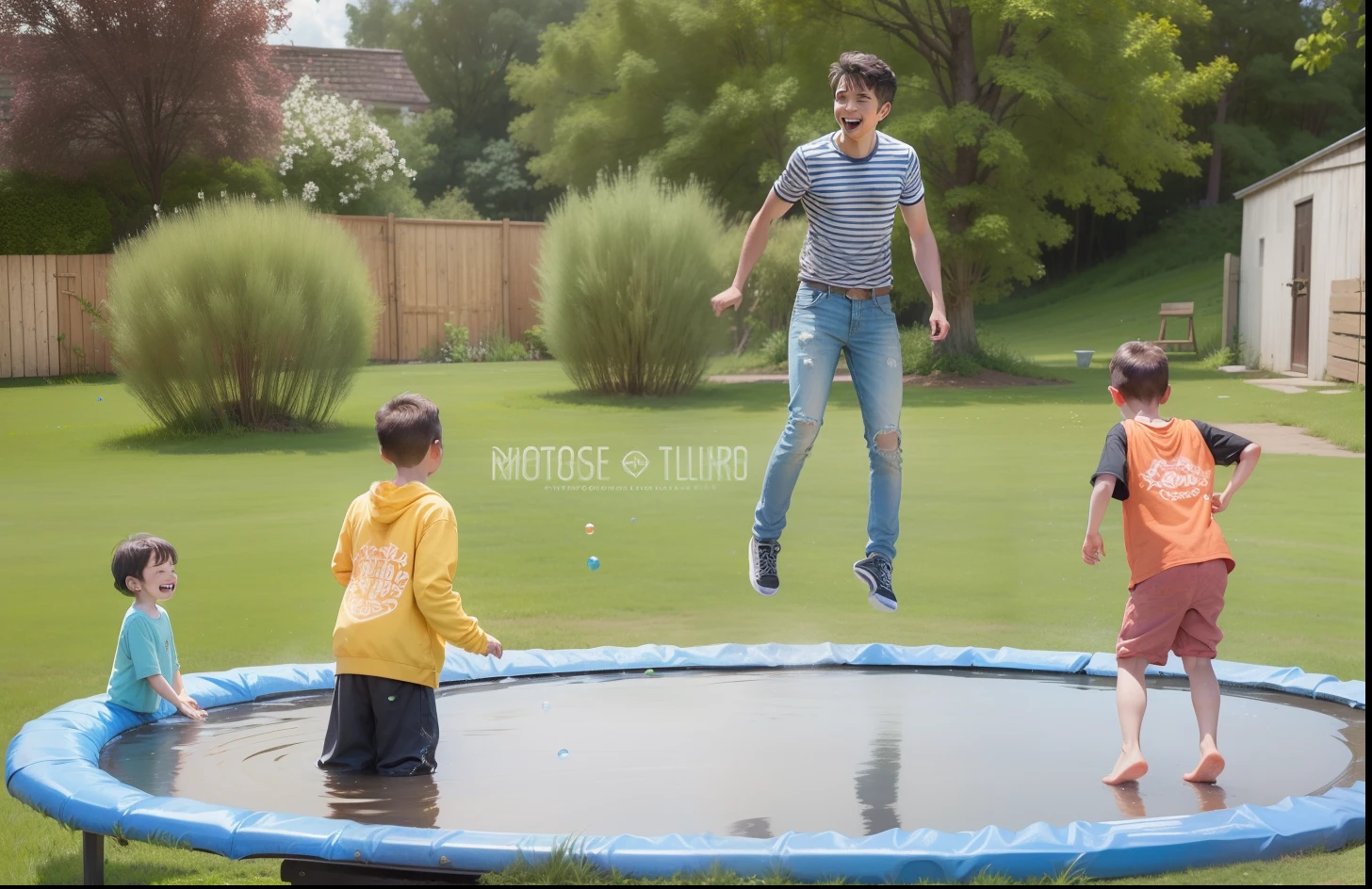 (best quality,4k,8k,highres,masterpiece:1.2),ultra-detailed,(realistic,photorealistic,photo-realistic:1.37),HDR,UHD,studio lighting,extreme detail description,vivid colors,bokeh,kids jumping up with trampoline,playful atmosphere,joyful expressions,fluffy clouds in the background,lush green grass,giggling and laughter,excitement and energy,portraits