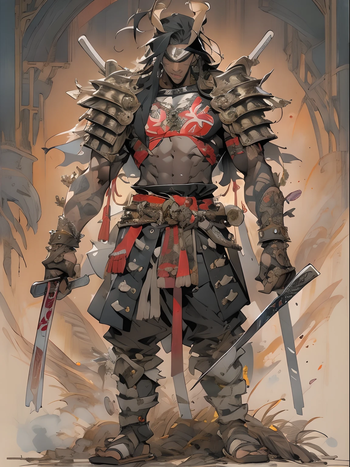 (((mtu))), (((best qualityer))), (((tmasterpiece))), (((AS-Adult))), ((( Japanese ))), Look up from your knees, Handsome Asian samurai，perfect body figure, Modern samurai, ((( Asian))), Wear gloves on your hands，The left arm is made of steel and metal tips，Made of protective devices, The eyes are pulled, (( Appears below the chest )), (( Small dental floss )), Simon Bisley, Almost naked（Simon Bisley）Castle City Wilderness，For high-resolution posters, hair straight, Minimum clothing, armure (Crazy clothes ), Full of tips and rivets, tribal tattoos, (((full bodyesbian))), Straight brunette hair，Colored hair ends