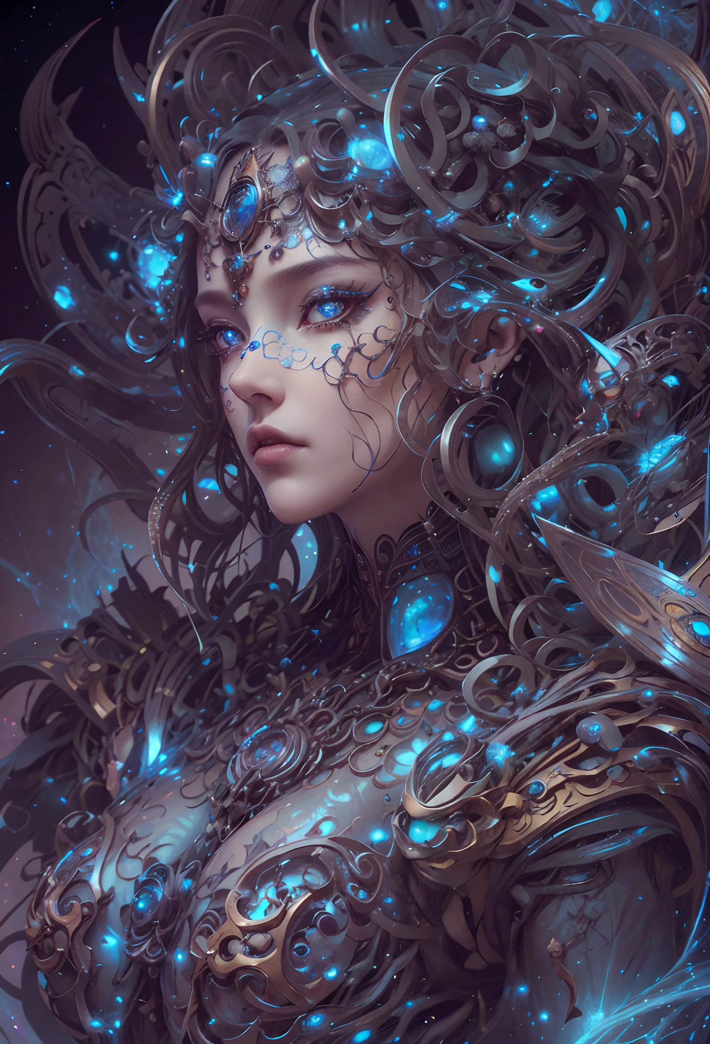 (best qualtiy,ultra - detailed,Most Best Illustration,Best shadow,tmasterpiece,A high resolution,professionalartwork,famousartwork),Detailed eyes,beautidful eyes,closeup cleavage,up body, sci-fy,colored sclera,Robot eyes,face markings,Tattooed with,(fractalized,Fractal eyes),largeeyes,Wide eyes,(Eye focus),sface focus,Cosmic eyes,Space eyes,Close-up of metal sculpture of a woman with a nebula in her hair,goddes。extremly high detail,3 d goddess portrait,Extremely detailed footage of the goddess,a stunning portrait of a goddess,Side image of the goddess,portrait of a beautiful goddess,Full body close-up portrait of the goddess,hecate goddess,portrait of a norse nebula goddess,goddess of space and time, center potrait