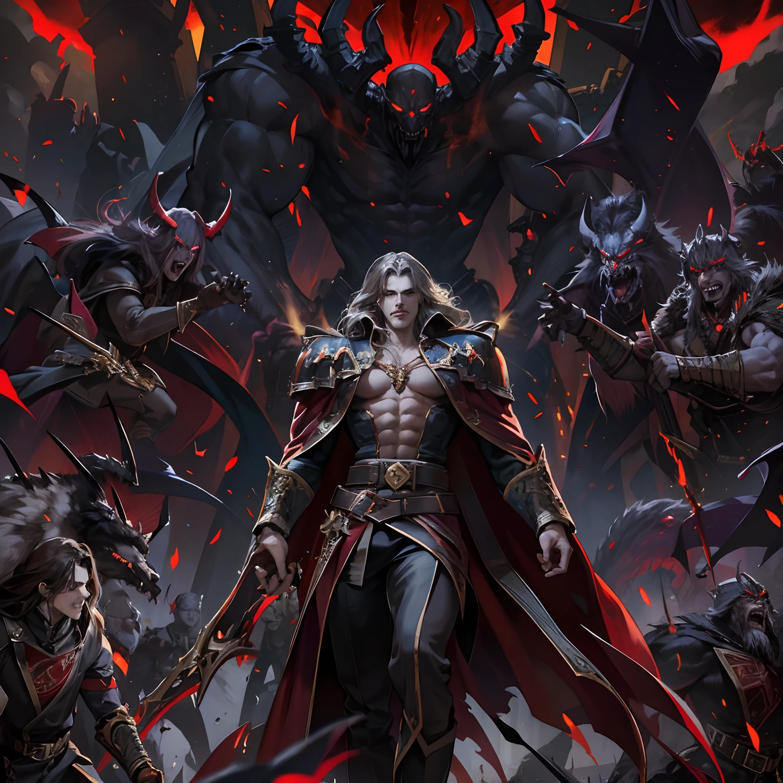 Castlevania Shadow Lord very detailed face portrait handsome muscular Lord Dracula leading troops armed with demons to war hyper realistic super detailed Dynamic pose super detailed faces hyper realistic super detailed