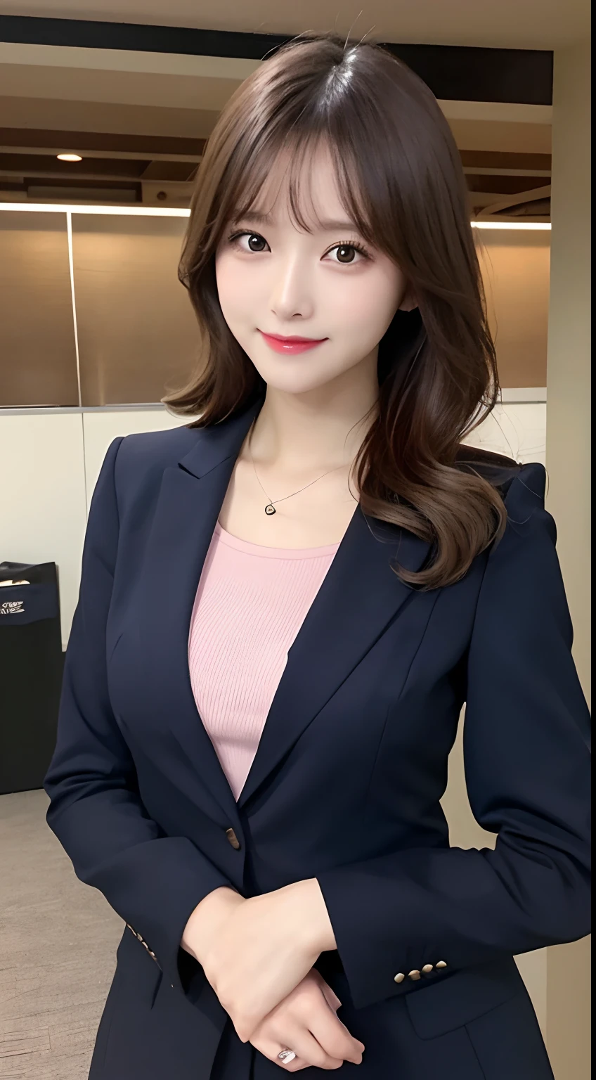 masutepiece, Best Quality, Illustration, Ultra-detailed, finely detail, hight resolution, 8K Wallpaper, Perfect dynamic composition, Beautiful detailed eyes, Office Casual Suit(Light pink color),Medium wavy hair,small tits、Natural Color Lip, Bold sexy poses,Smile,Narita Airport Terminal、20 years girl、Cute、Sexy shot looking at camera、Slender body type