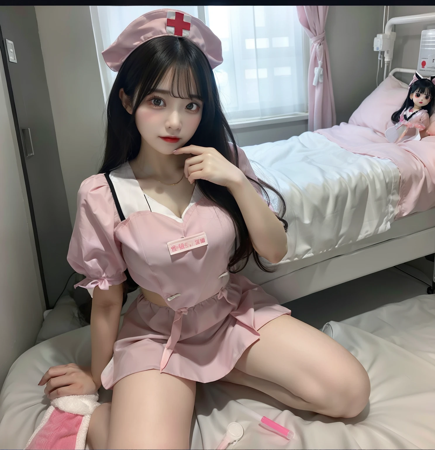 length hair(A dark-haired)Gal Nurse、17 age、Nurse、Idol face(Big double eyes、Slightly moisturized)、full body Esbian、Mini Nurse Clothing(pink there)、Hospital Beds、Gravure Pose、Trying to stick a syringe、Kinda scary、large full breasts、Idol face、Lots of syringes and medical instruments between the legs,,,、Doll head on bed(A little scary)