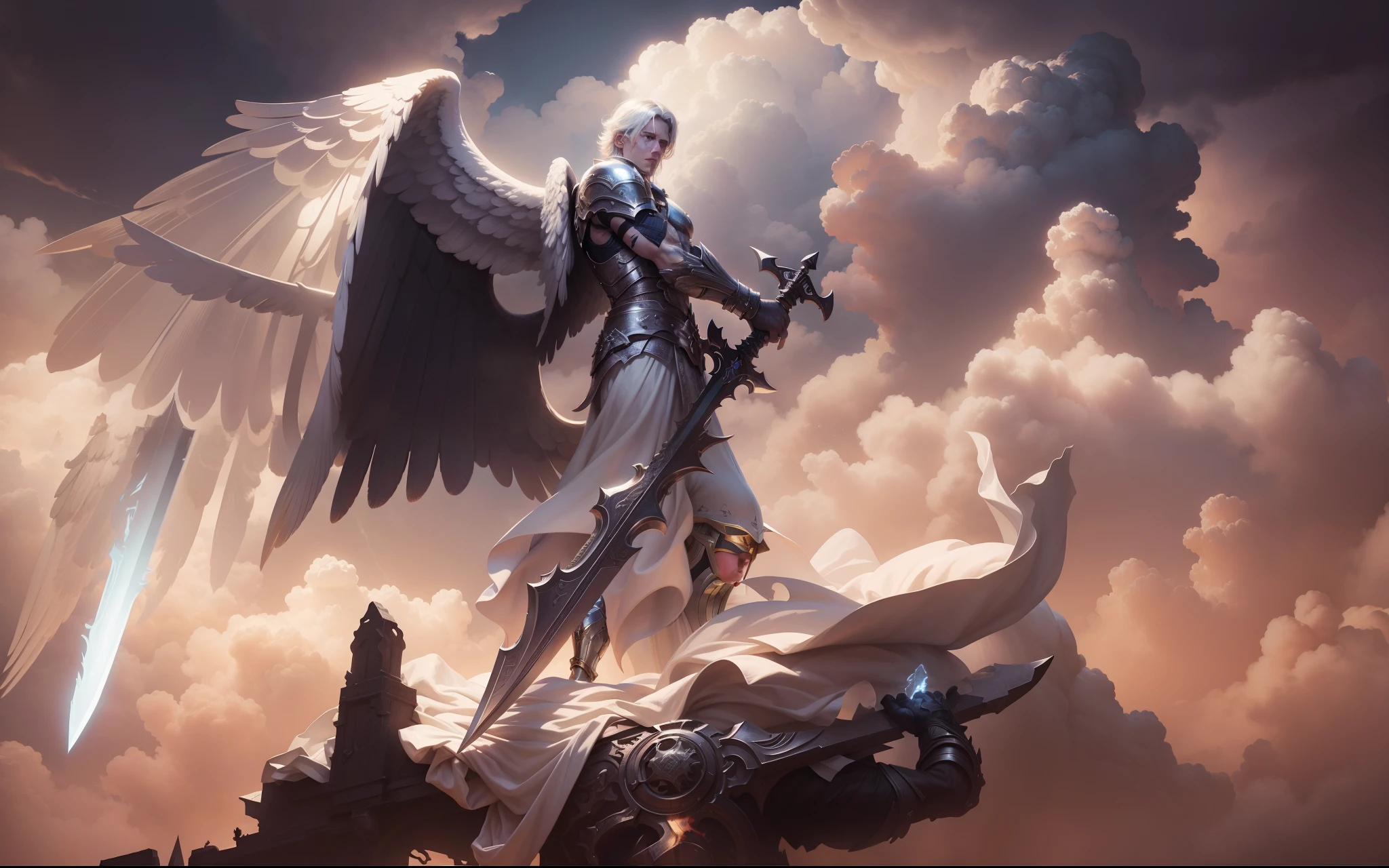 Fearless White Male Angel, full body, with avenging sword, Apocalypse, dooms day, Illustration, cinematic light, high resolution, best quality, ultra detailed, masterpiece,