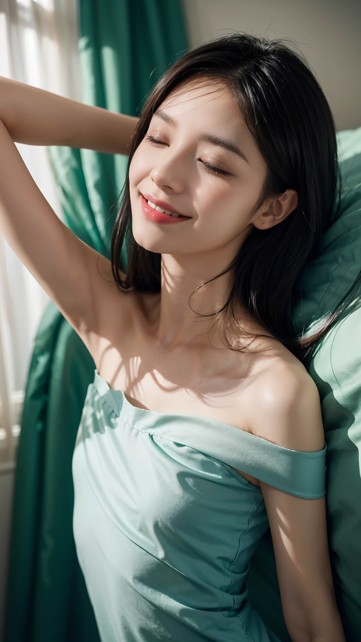 (shoulder-length straighthair: 1.2), Black hair,Upper body, （Extremely meticulous CG 8k wallpaper），（Extremely refined and beautiful），（Masterpiece），（best qualtiy：1.0），（Ultra High Resolution：1.0），beautiful light up，Perfect lightning，realistic shaded，[A high resolution]，Smooth and flawless fair skin，Extremely exquisite facial details，ultra - detailed，A  girl，small head，Smile，cheerfulness，wearing a dress made of cabbage，Summer，Morning，Close Shot，at home，in bedroom,blue green background,yellow curtain,lying flat on back in bed，Closed eyes, sleeping, fainting, enjoying a comfortable and intoxicated expression,mouth open, drooling，Top down overhead camera perspective，small face，Charming collarbone，Well-cut abdominal muscles，（perfect body:1.1）,small breasts，flat chest，slim，thin，Slender legs，off shoulder，bare shoulder