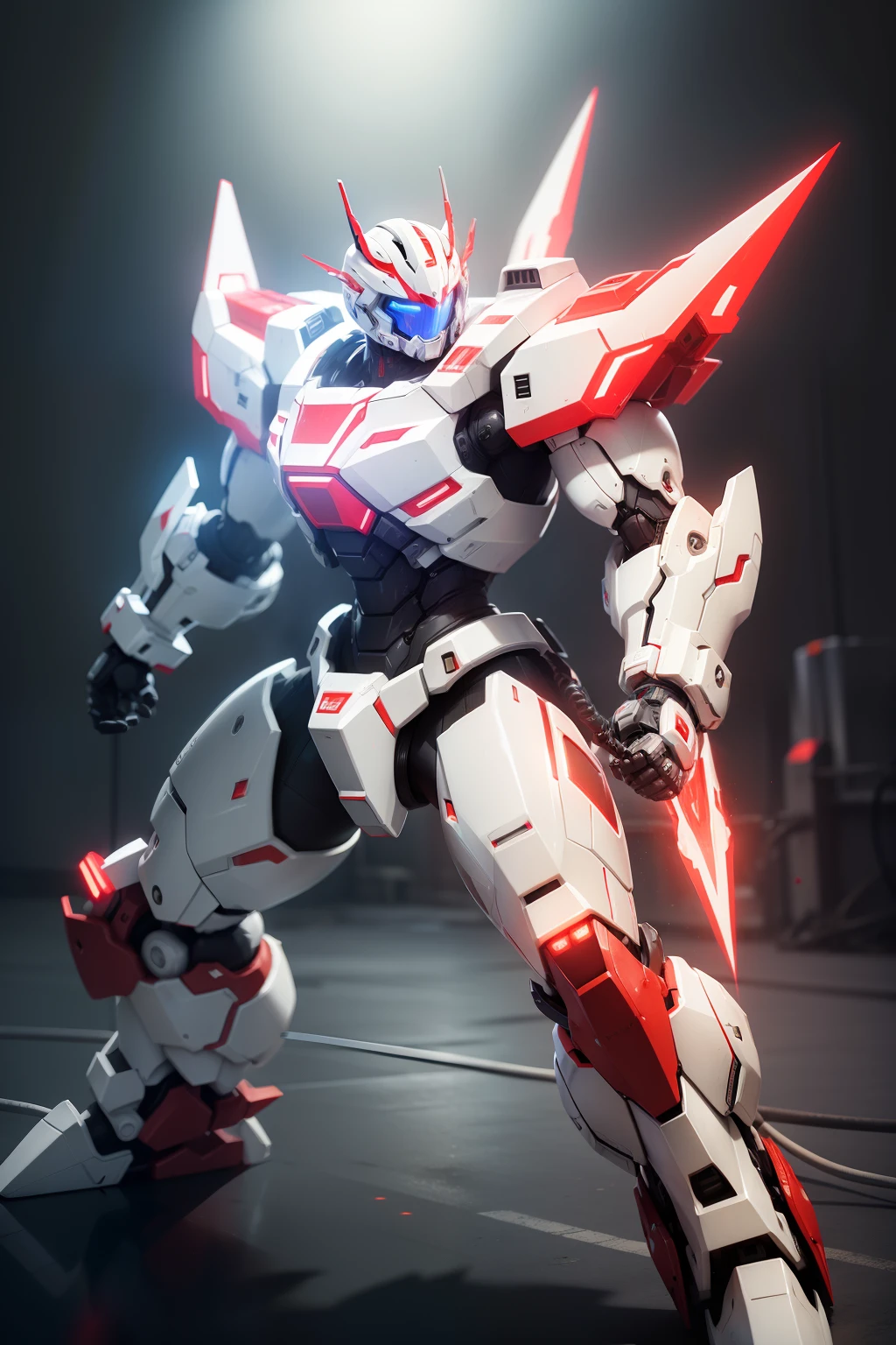 Fighter mecha, peral white color, glowing inbuilt red LED lighting, cowboy shot, dynamic pose,