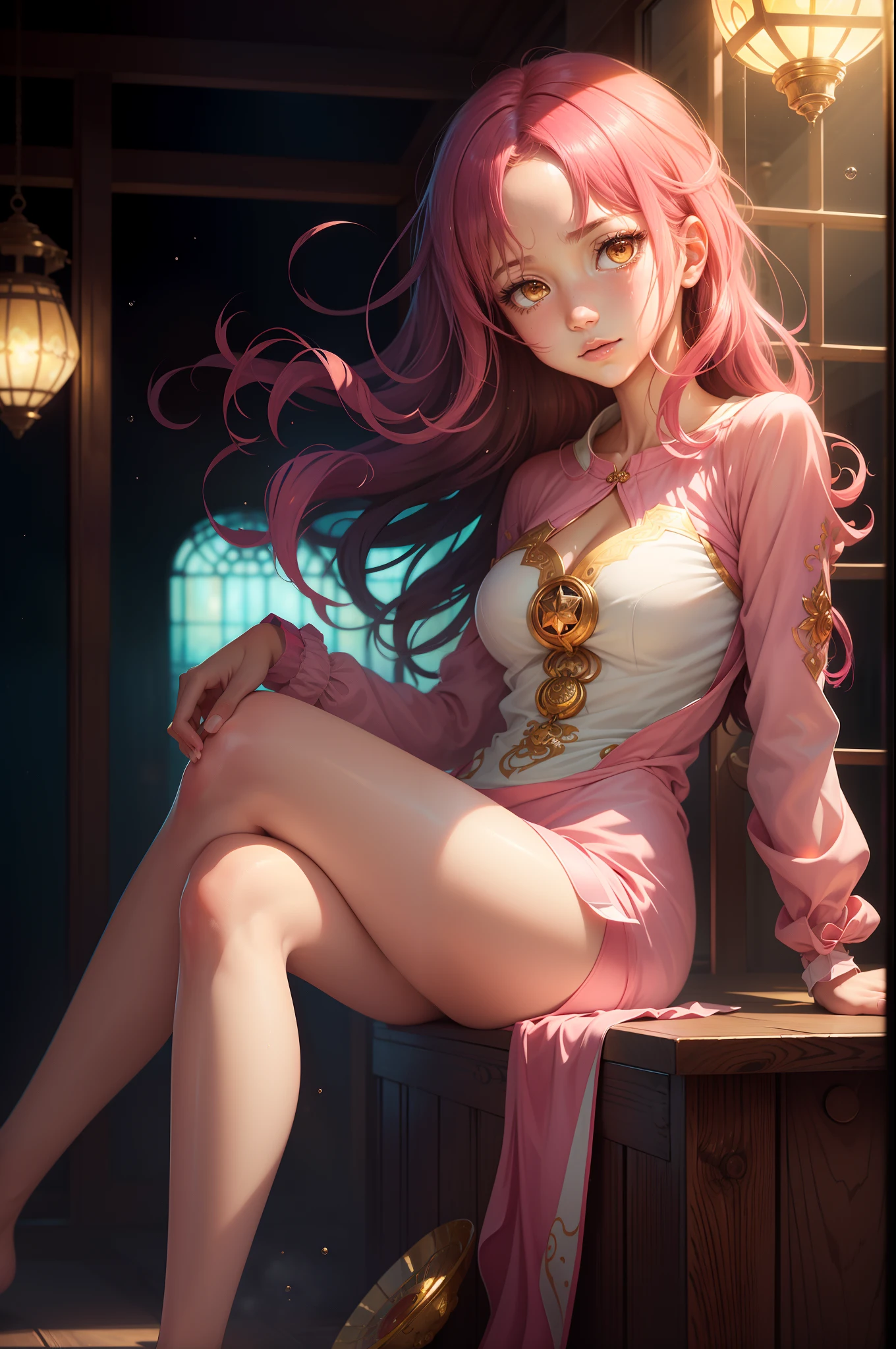 layla (masutepiece), (Best Quality), (ultra-detailliert),(disheveled hair),(Illustration), (1girl in), beautiful finely detailed eyes,Delicate beautiful face,floating,(High color saturation),(Colorful splashes),colorful bubble,(Shining),Focus on Face, Sitting in a glass ball, G;Cage beets, Golden Star and Lantern