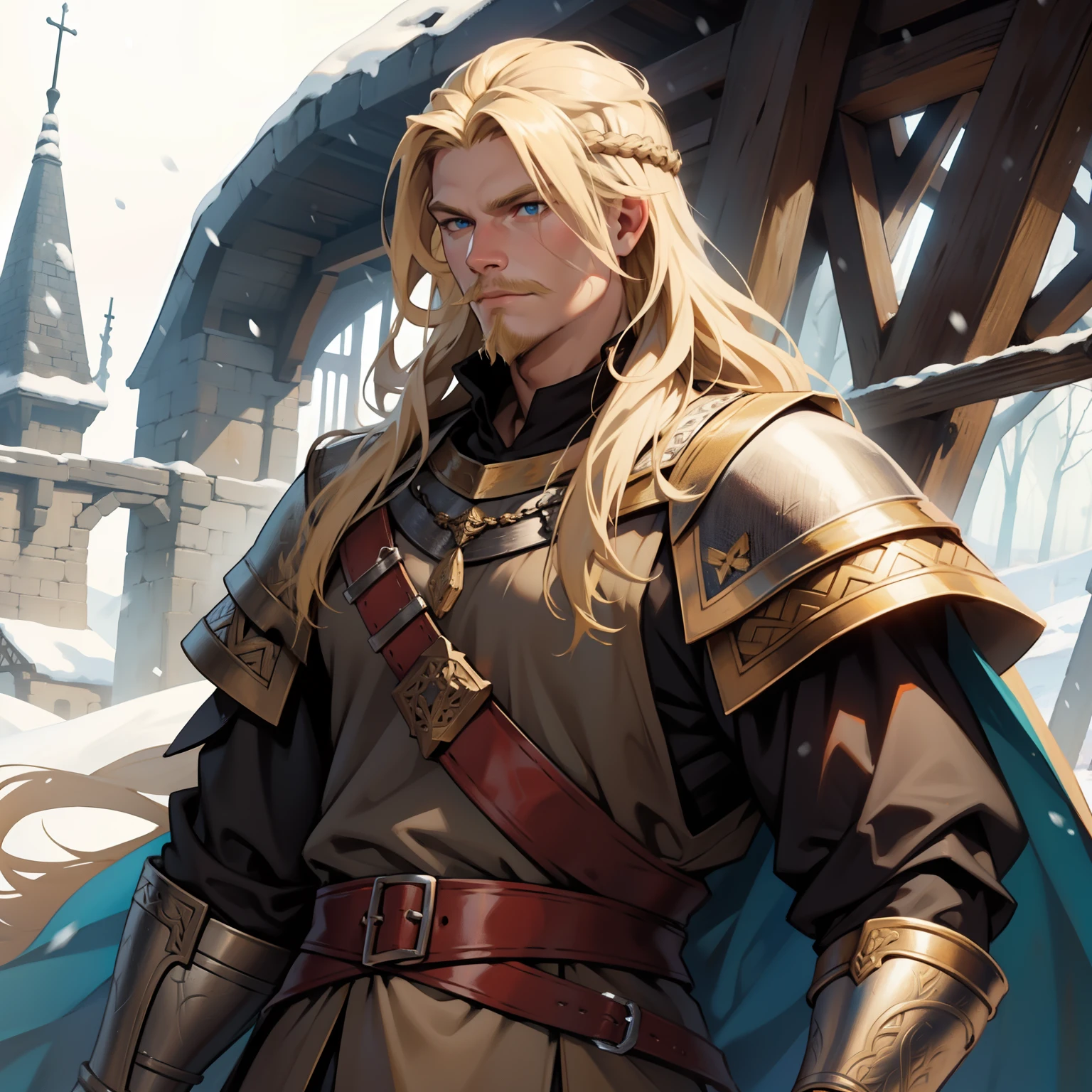 Viking King. Beautiful Long Blonde Hair. Medieval art. Snowy Background