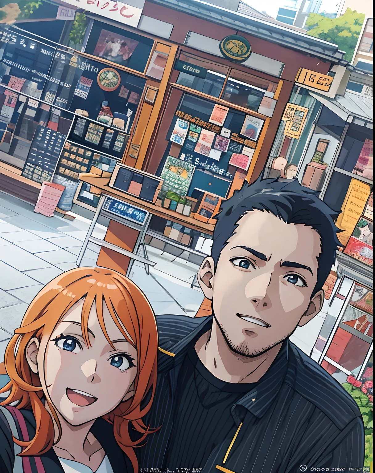 1 girl doing the victory pose, orange hair, medium-length hair, fair skin, young, couple, 1 boy, short black hair, young, posing for a photo, ((anime)), (((anime style))).