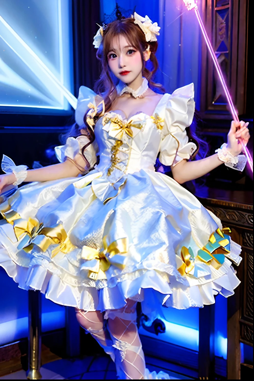 White satin dress with cane and crown arafe, fantasy dress, magical dress, dreamy style, very magical and dreamy, Lolita Fashion, ethereal fairy tale, fairycore, fantasy outfit, wearing fantasy formal clothing, angelic pretty, dreamy and detailed, Lolita style, fantasy style clothing, rococo dress, Fantasy aesthetics!, romantic dress
