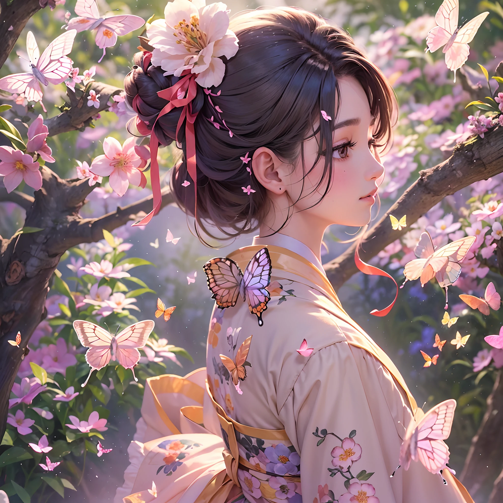 (In a garden full of peach blossoms),(Masterpiece peach blossom),Peach blossoms fall,a little lovely ??? girl,anatomy correct,wearing a hanfu,Delicate facial features,The skin is delicate and rosy,Black colored eyes,with short black hair,Tie your hair into a bun,ssmile,earnest,(Look at the butterflies in the flowers:1.4),(tmasterpiece,plethora of colors,Best quality,Cinematic lighting effects),A high resolution,high detal,(illustratio,3Drenderingof)