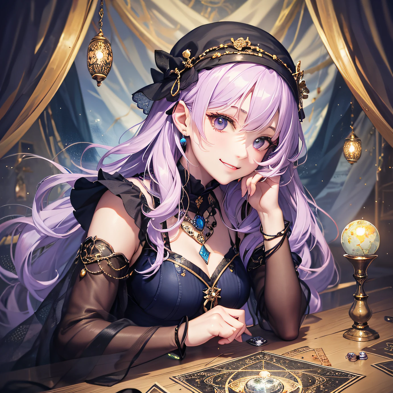(masterpiece, top quality, highest quality, official art, beautiful and aesthetic: 1.2), (1 girl: 1.3), wavy long hair, lilac hair, very detailed, portrait, look at the viewer, solo, (full body: 0.6), detailed background, close-up, glowing eyes, (cold arctic winter theme: 1.1), fortuneteller, charlatan, grinning, mysterious, sitting at the table, Colorful shoulderless loose gypsy fortune teller clothes, chalice, tarot cards, crystal balls, medieval (tent interior: 1.1) background, tent curtains on background, dark mystical lighting, shadows, magical atmosphere, starry night, Dutch angle, healing and guidance,wakawe,wakame,wakame, wakame,wakame, wakame,wakame, wakame,wakame, wakame,wakame,