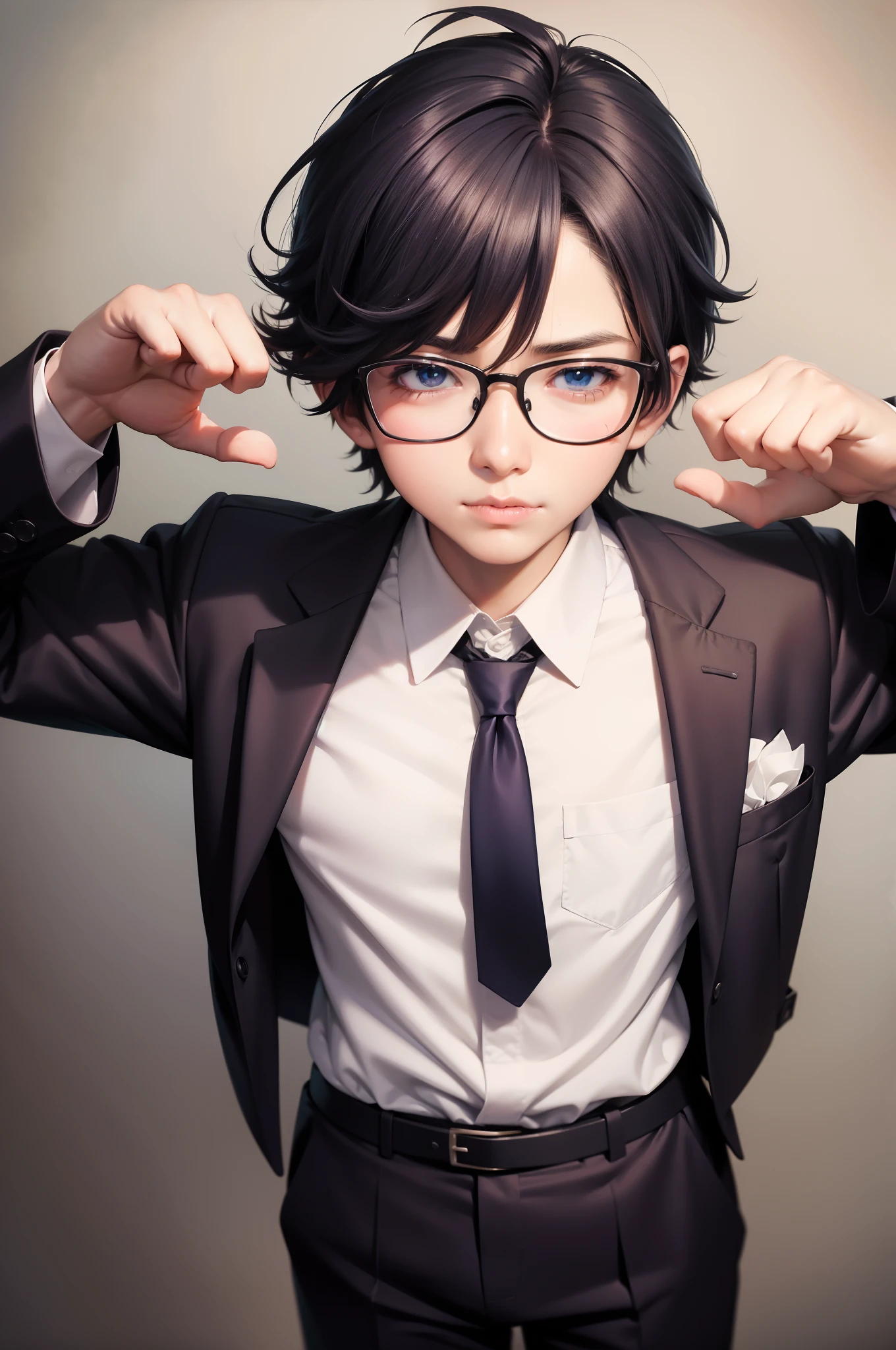 Anime boy looking at the camera with glasses and tie, inspired by Okumura Togyu, anime moe art style, 2 d anime style, Tall anime guy with blue eyes, inspirado em Okumura Masanobu, Anime boy, young anime man, made with anime painter studio, [[[[grinning evily]]]], With glasses