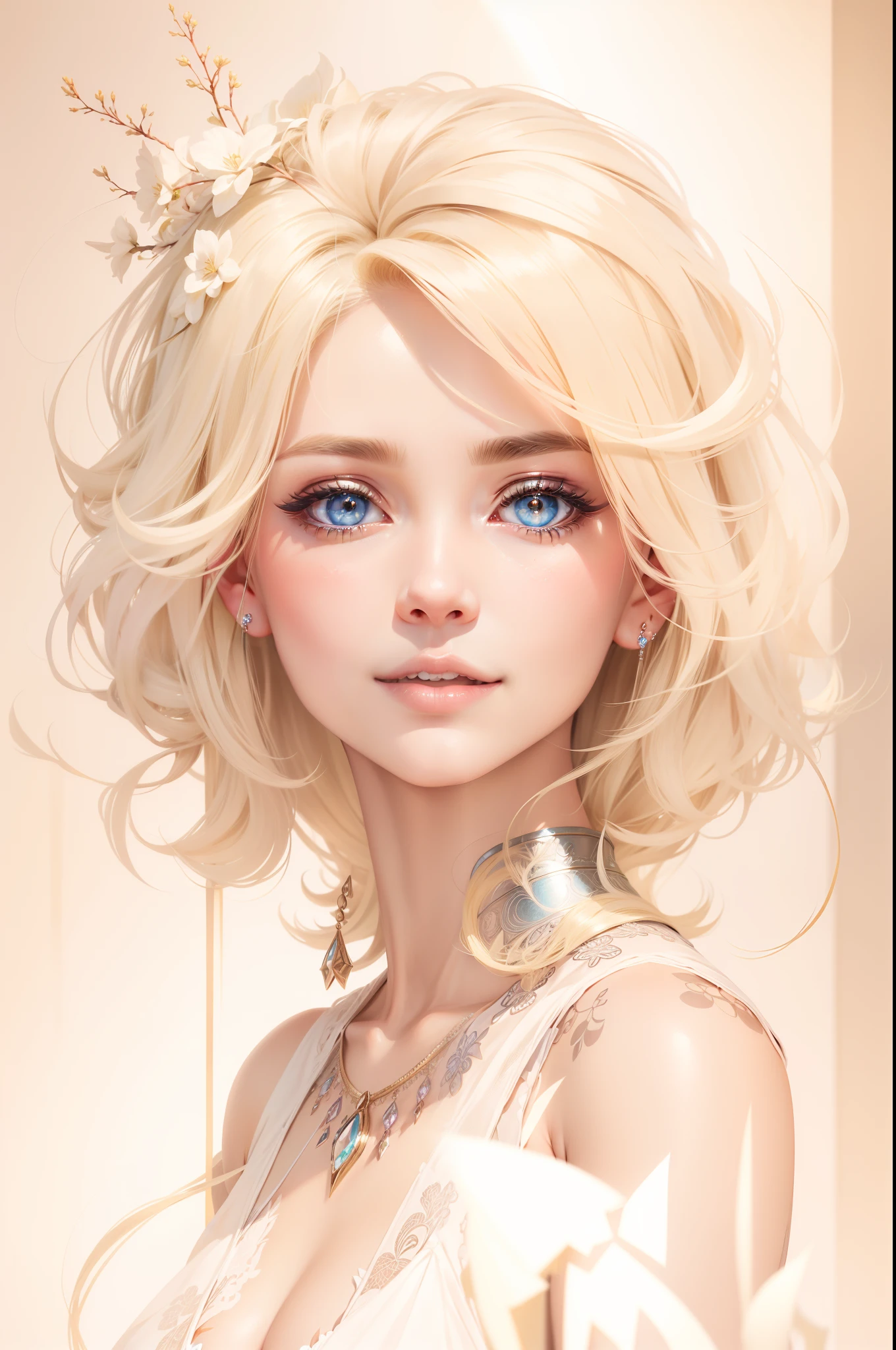 A close-up of a beautiful, STUNNING blonde half Asian half Caucasian woman, with cascading highlights, pastel eyes sparkling with joy