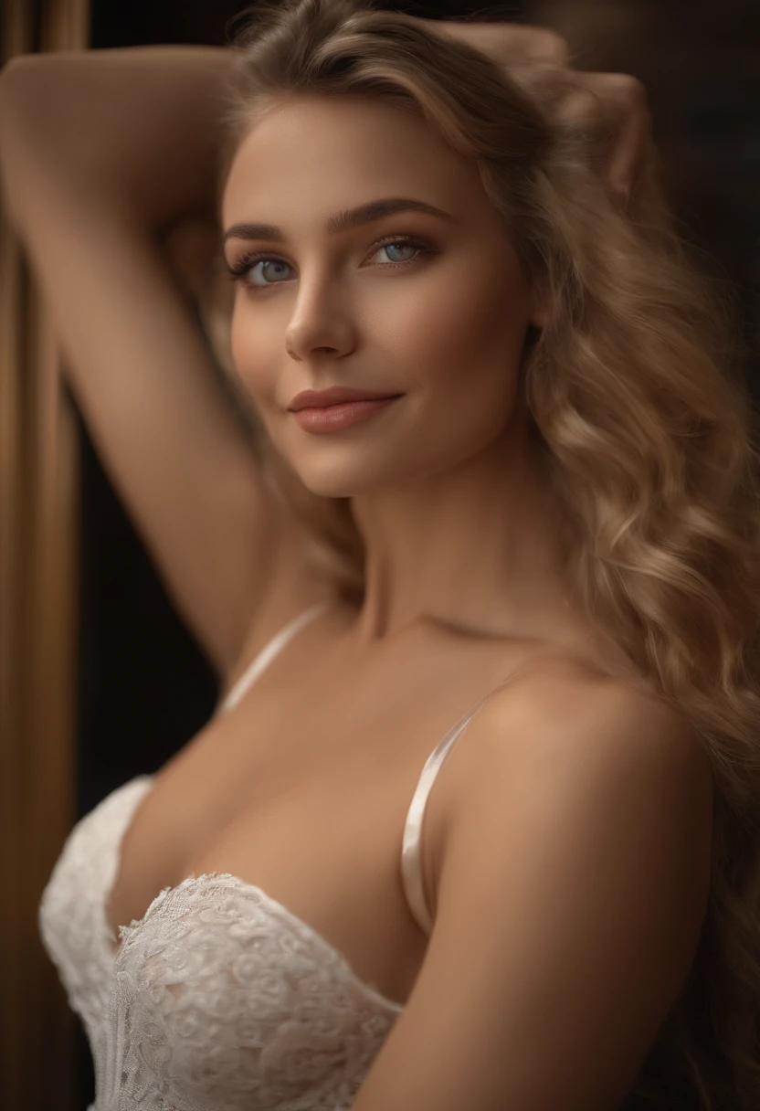 .RAW, analogique, Nikon Z 85mm,((Best quality)), ((Masterpiece)), ((Realstic)),image vintage, Magnifique femme russe, Blond, 22 ans, posing in a hotel in lingerie, porter de la lingerie petite, sourire avec des dents montrant, ((petits seins)), Intricate details, highly detailed, mise au point nette, professionnel, 4K, Rayons divins, hand model, Superbes yeux bruns, petite, high resolucion, Detailed facial features, High detail, mise au point nette, lisse, Extremely detailed, photo_\(ultra\), photoreallistic, Realstic, Post-traitement, max detail, roughness, real life, ultra realist, photorealism, 8K UHD, SEMI-SILHOUETTE light, Visage slave, longs cheveux blon, Beaux cheveux, Face of character