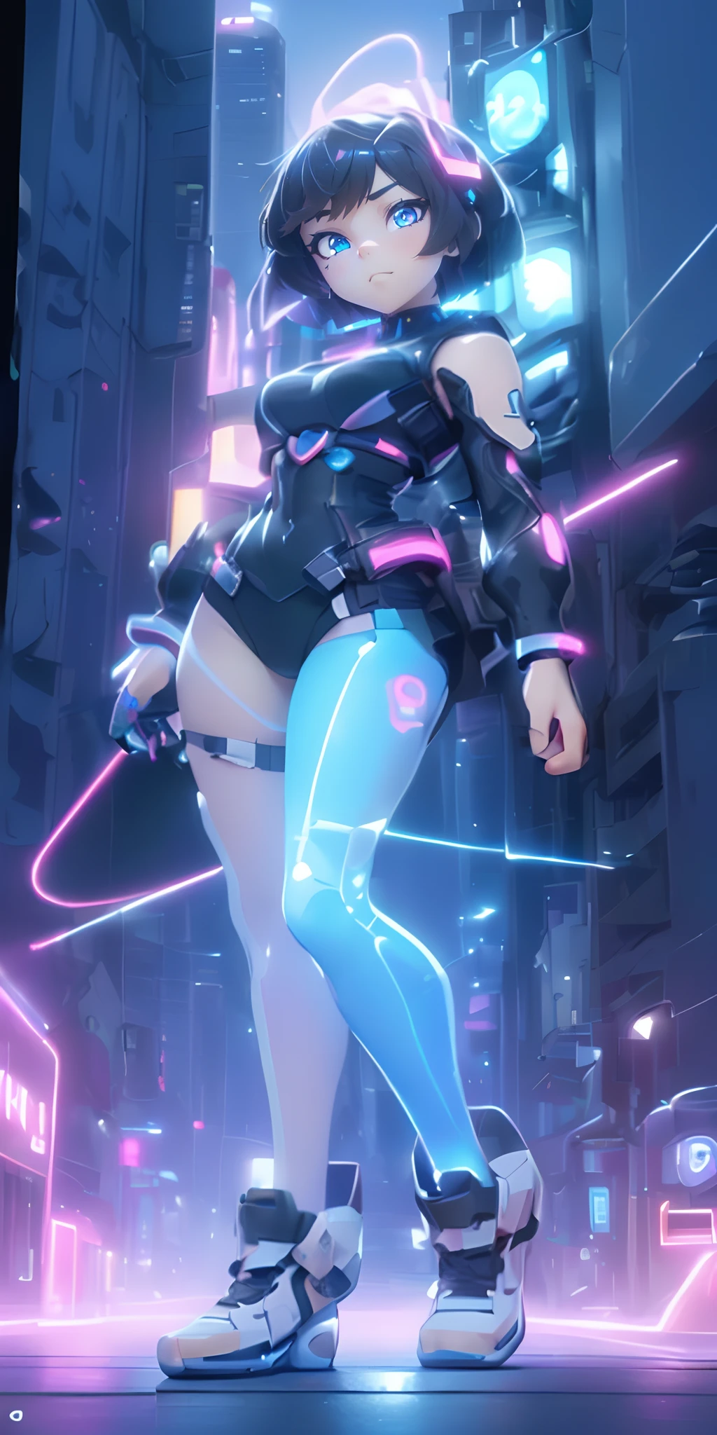 top-quality))、((masterpiece)、Close up of a kneeling figure、Buttock emphasis、cyberpunked、Big buttocks、Electronic visor attached to 12-year-old girl's face with emphasis on buttocks、Cyberpunk Fashion、Sexy Posing、(Wearing white body spats on lower body、Breasts enlarged、Neon lights in dark city at night