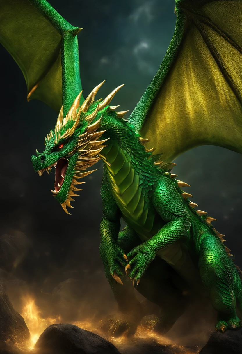 This dragon is powerful，Dragon scales are dazzling green，Shining with golden light。It has a strong body，The soaring wings are covered with sharp dragon claws。The dragon's eyes were shining，It reveals endless wisdom and majesty。