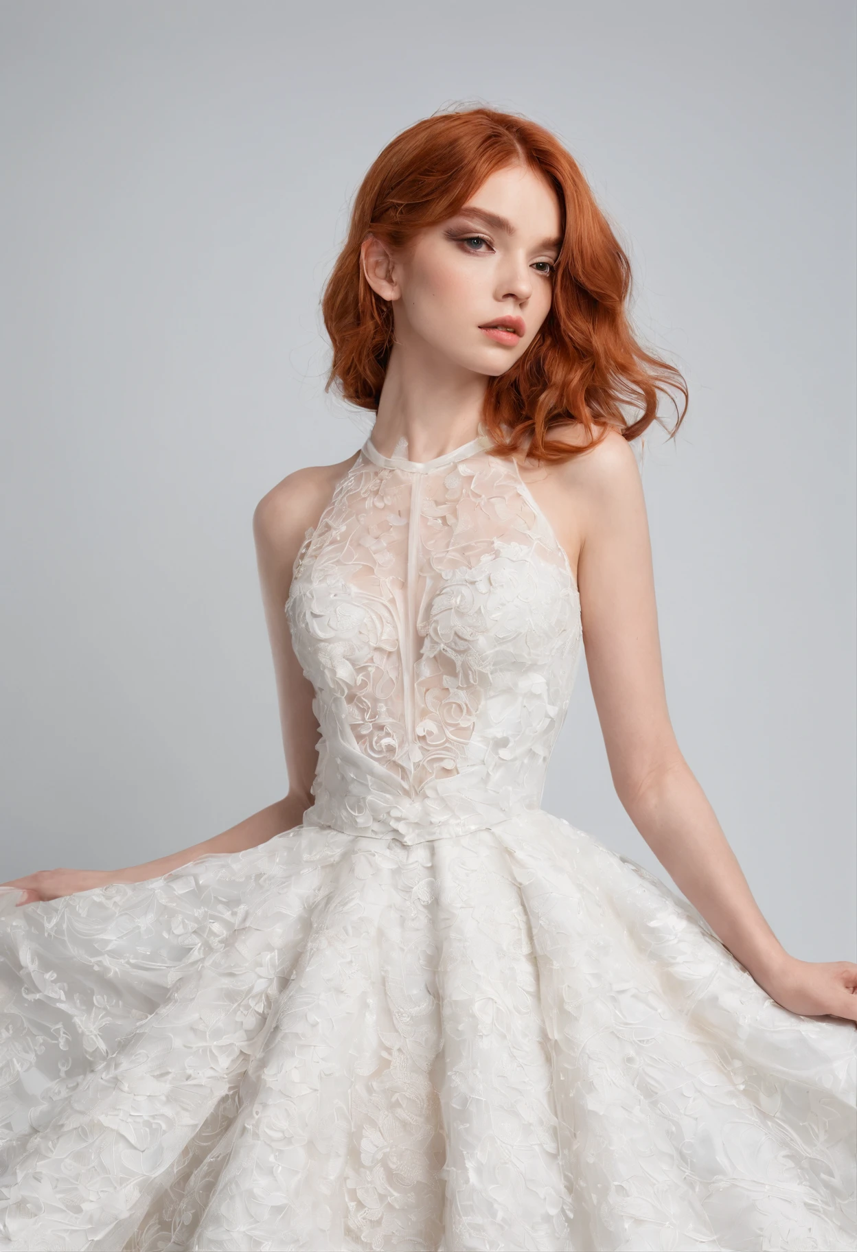 Mulher 18 anos, jovem ruiva de cabelos extremamente longos, fofa, supermodelo, com vestido de casamento branco. Foto de corpo inteiro.