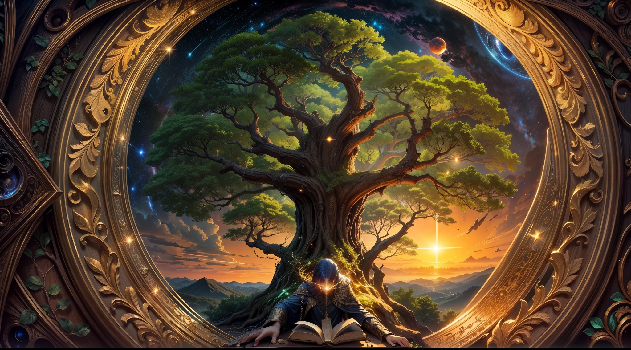 Chronos Portal, tree, galaxy, reading golden ornate book, evening, glow, sunset