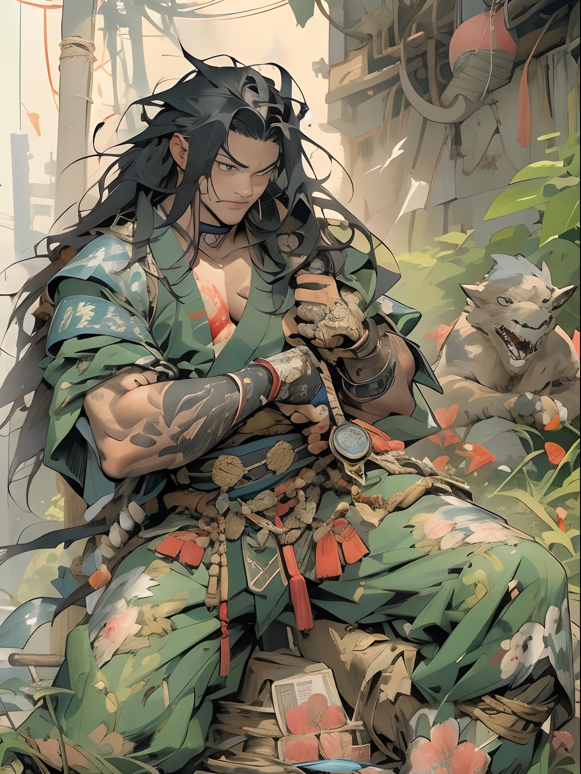 (((mtu))), (((best qualityer))), (((tmasterpiece))), (((AS-Adult))), ((( Japanese ))), Look up from your knees, A handsome Asian samurai man,perfect body figure, Modern samurai, ((( Asian))), Wear gloves on your hands,The left arm is made of steel and metal tips,Made of protective devices, The eyes are pulled, (( Appears below the chest )), (( Small dental floss )), Simon Bisley, Almost naked(Simon Bisley)Castle City Wilderness,For high-resolution posters, hair straight, Minimum clothing, armure (Crazy clothes ), Full of tips and rivets, tribal tattoos, (((full bodyesbian))), Straight brunette hair,Colored hair ends