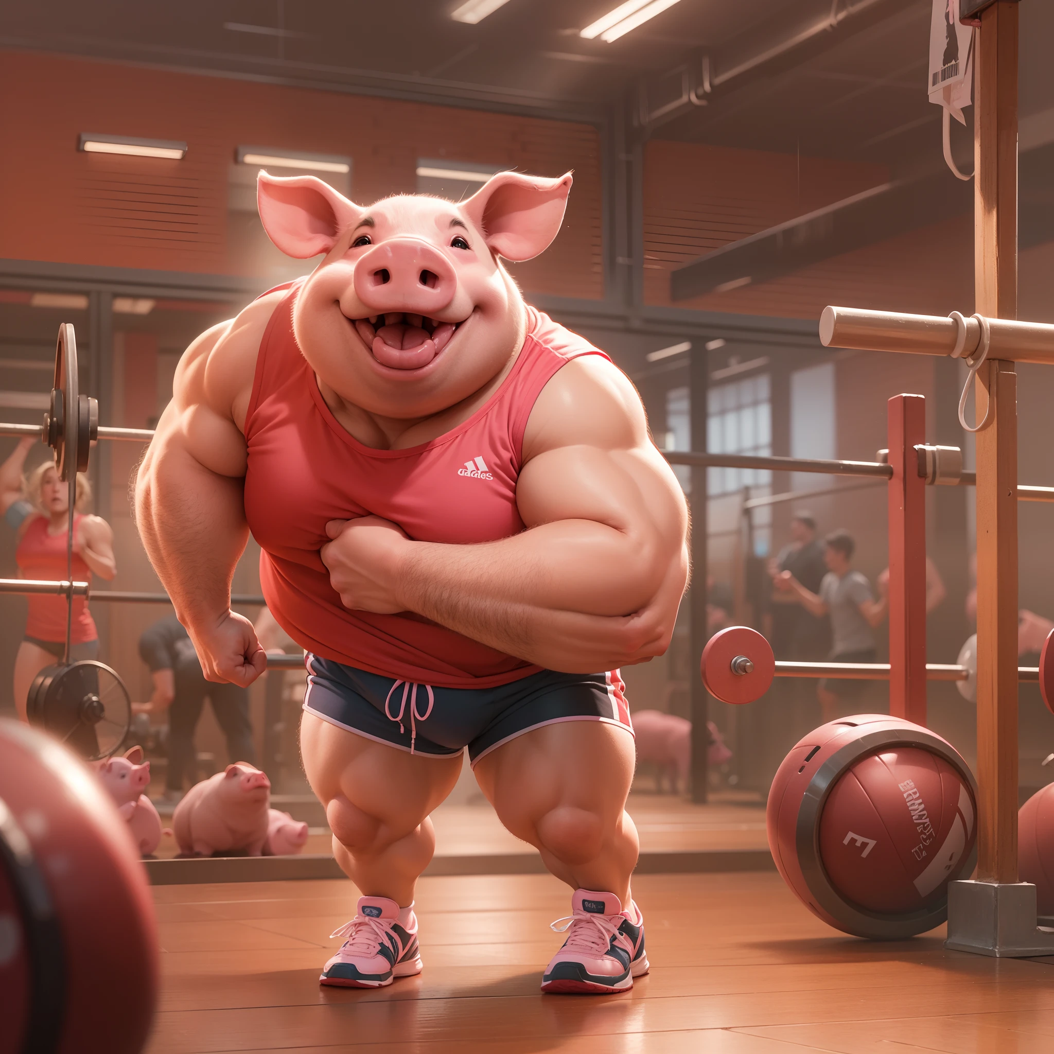 In the gym,Robust pigs,(Pink pig),The muscles are huge,Wear big red sports shorts,athletic sneakers,(Raise the bar with one hand),Good at facial expressions,Smug laughter,tmasterpiece,3Drenderingof,the highest picture quality,high detal,Ceiling lighting,Full body photo