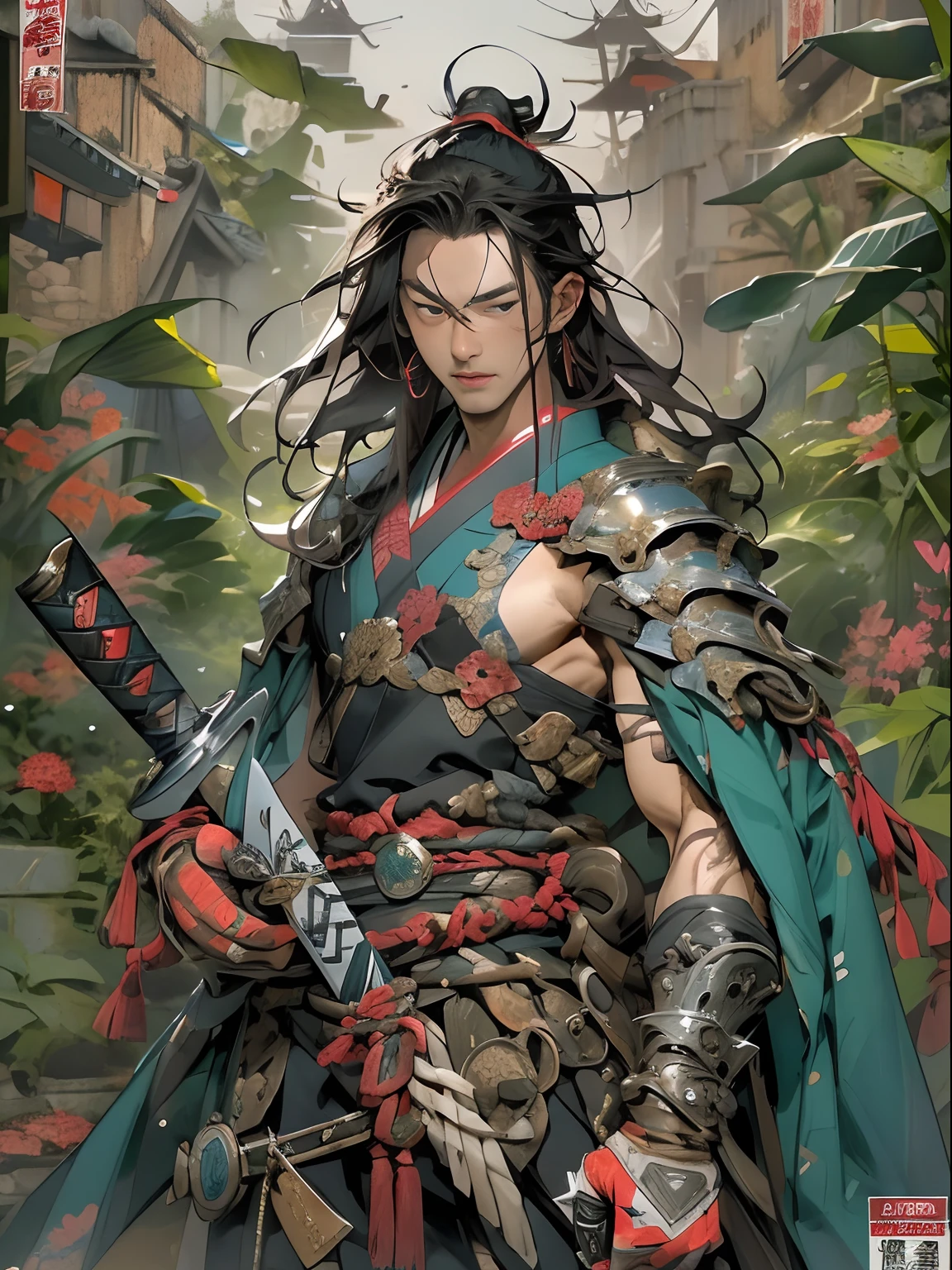 (((mtu))), (((best qualityer))), (((tmasterpiece))), (((AS-Adult))), ((( Japanese ))), Look up from your knees, A handsome Asian samurai man,perfect body figure, Modern samurai, ((( Asian))), Wear gloves on your hands,The left arm is made of steel and metal tips,Made of protective devices, The eyes are pulled, (( Appears below the chest )), (( Small dental floss )), Simon Bisley, Almost naked(Simon Bisley)Castle City Wilderness,For high-resolution posters, hair straight, Minimum clothing, armure (Crazy clothes ), Full of tips and rivets, tribal tattoos, (((full bodyesbian))), Straight brunette hair,Colored hair ends
