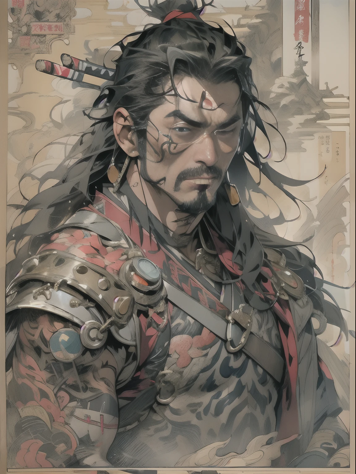 (((mtu))), (((best qualityer))), (((tmasterpiece))), (((AS-Adult))), ((( Japanese ))), Look up from your knees, A handsome Asian samurai man,perfect body figure, Modern samurai, ((( Asian))), Wear gloves on your hands,The left arm is made of steel and metal tips,Made of protective devices, The eyes are pulled, (( Appears below the chest )), (( Small dental floss )), Simon Bisley, Almost naked(Simon Bisley)Castle City Wilderness,For high-resolution posters, hair straight, Minimum clothing, armure (Crazy clothes ), Full of tips and rivets, tribal tattoos, (((full bodyesbian))), Straight brunette hair,Colored hair ends