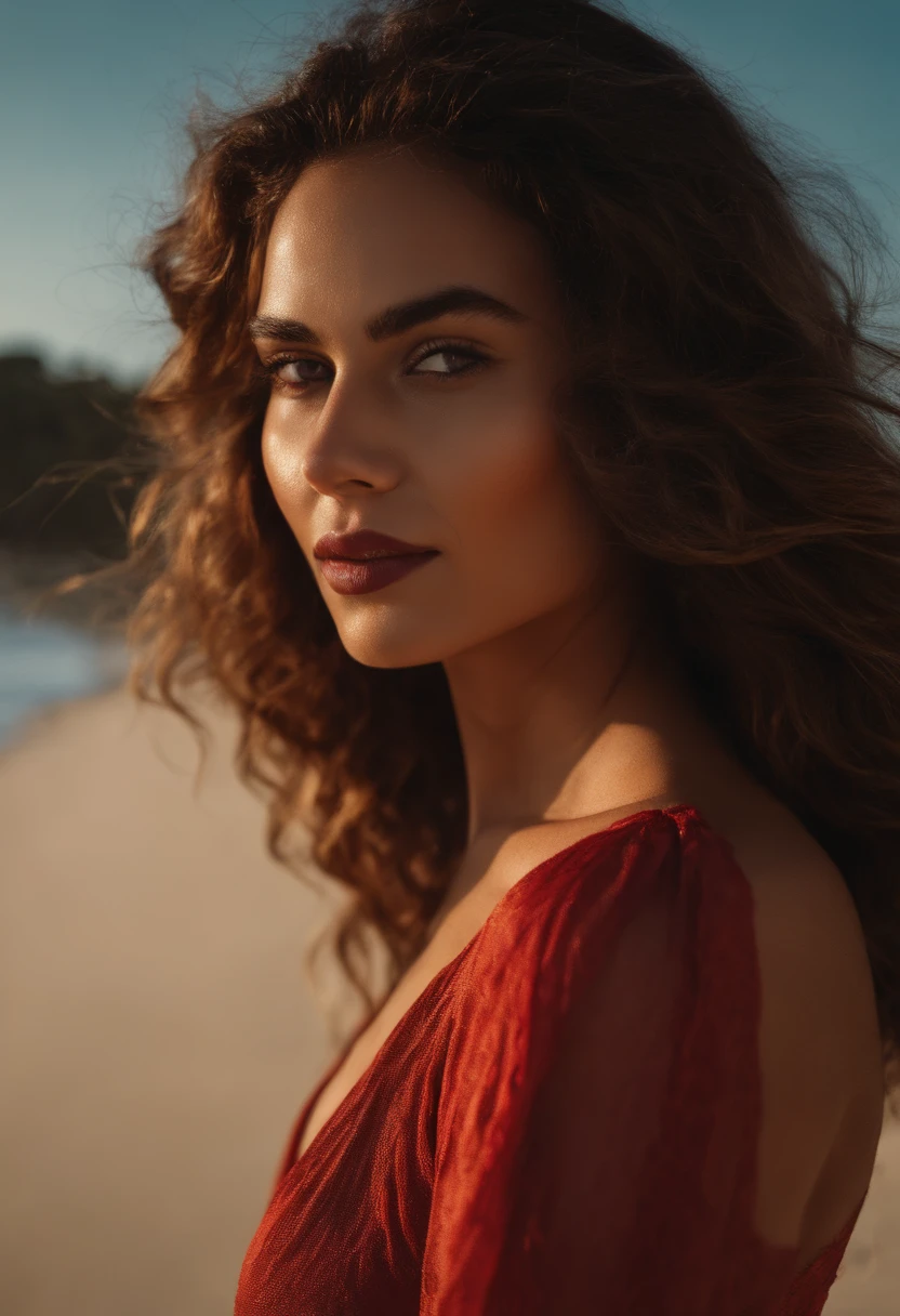 Mulher loira, de 20 anos, de biquine na praia, biquine vermelho