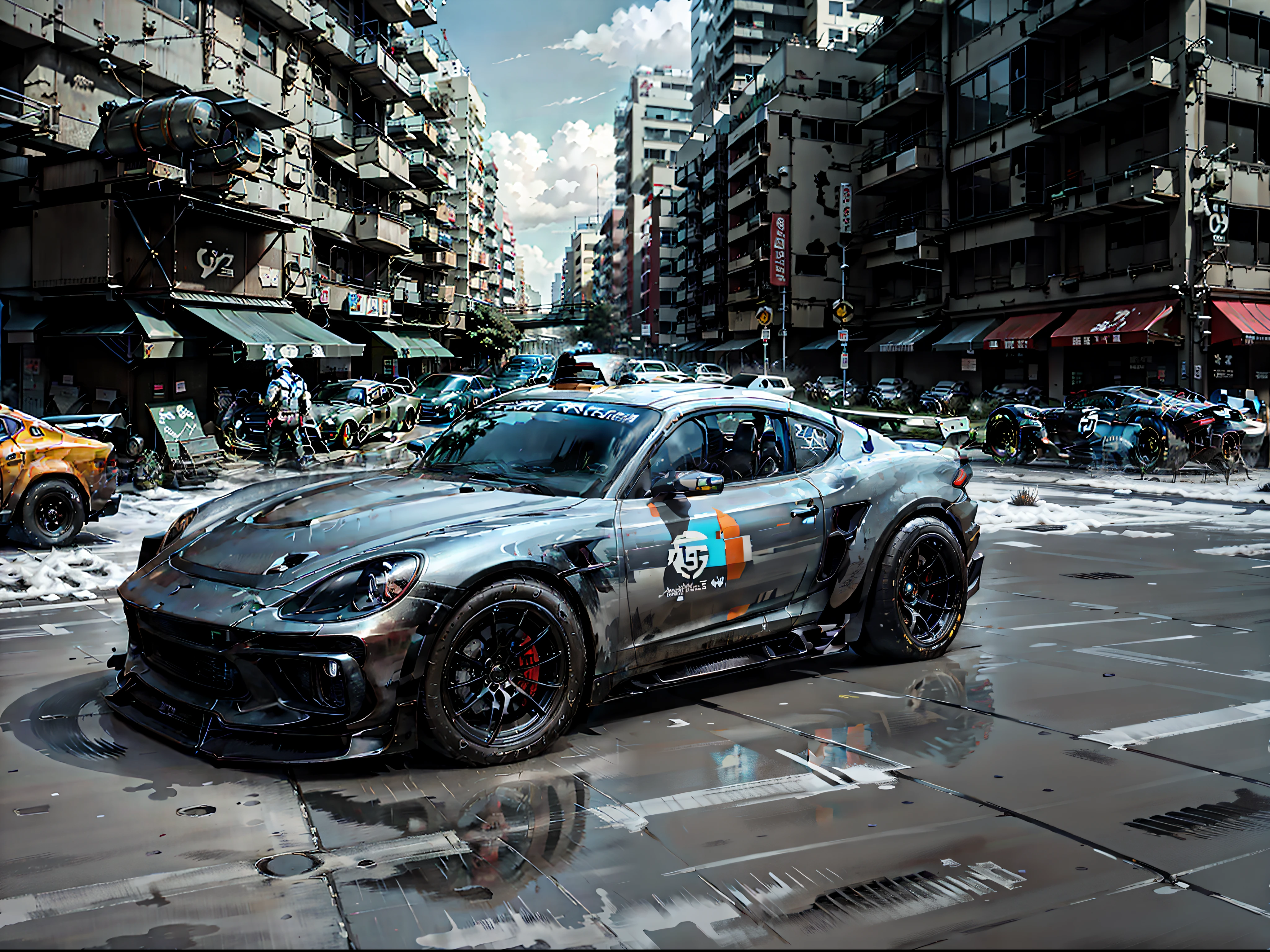 (Ultra-photorealistic quality)、Beautiful ultra-fine painted surface、Cyberpunk Machine、Cyber equipment、masuter piece,8k wallpaper,nffsw,Ultra-high image quality,light and shadow effect 、((Dark Grey Cayman GT4 RS 1Car)), Ultra-realistic representation faithful to live action、Gran Trismo logo decal on wind window、The hood is wet carbon、The ride height is quite low、Forged bronze color wheel、Slightly larger rear wheel、Tilt forward slightly、The front light is covered in smoke、Scramble crossing in Shibuya、city light at night、All 4 wheels、There is a slight camber angle on the outside(Negative camber)Has a、Wearing race tires、Professional Outdoor Lighting、Model 981。