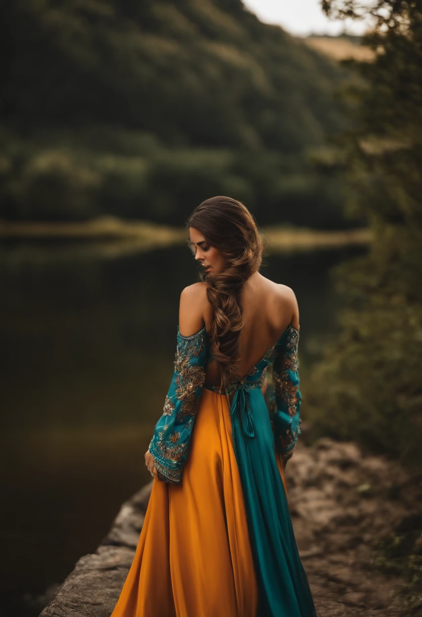 Cabelo castanho da mulher em uma boate vestida com um vestido