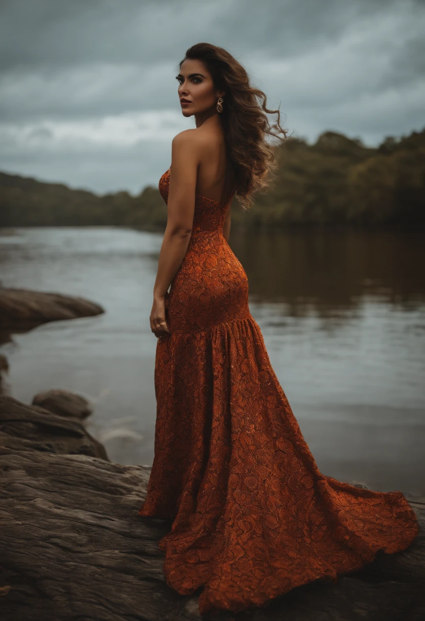 Cabelo castanho da mulher em uma boate vestida com um vestido