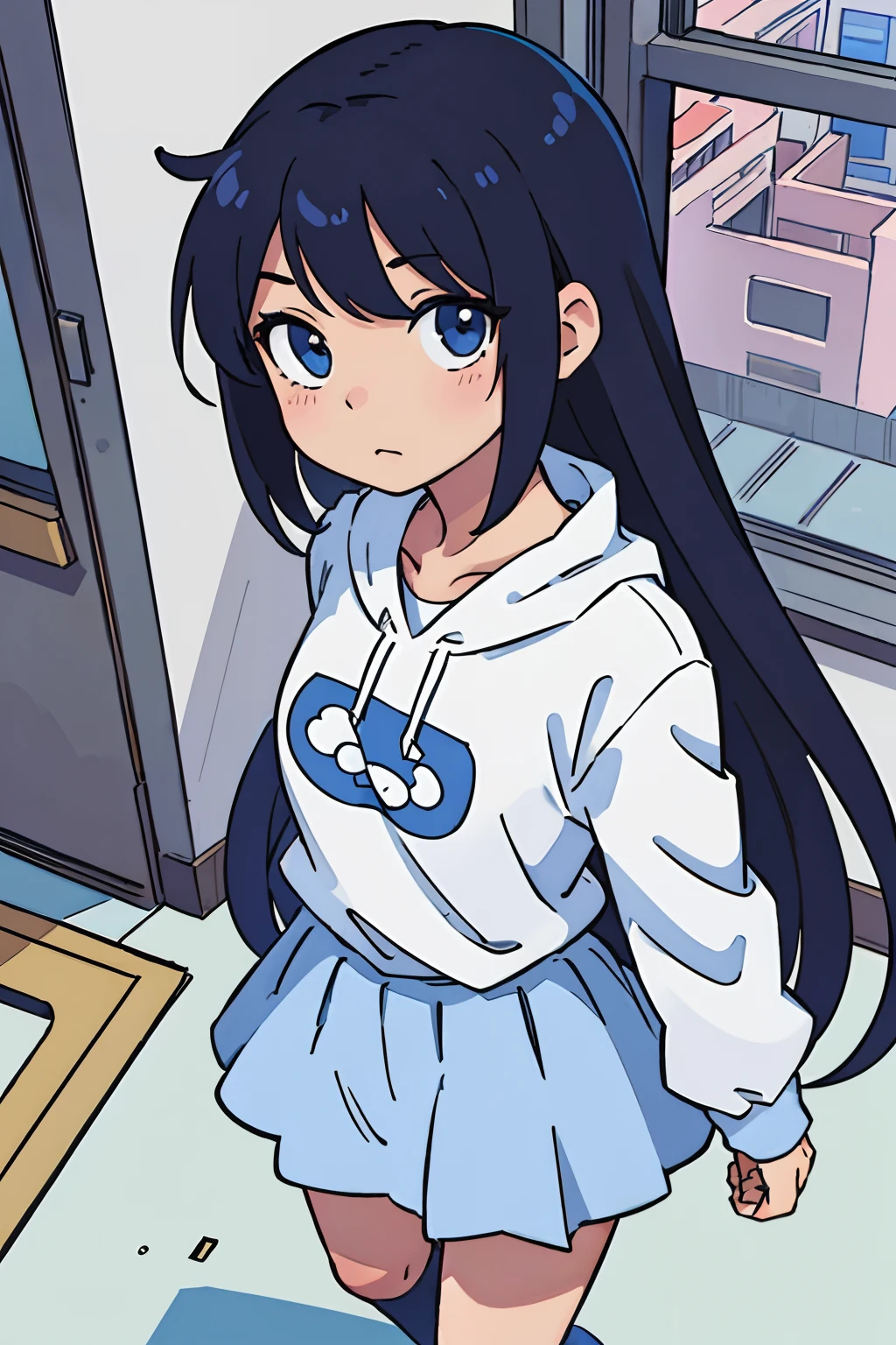 (best-quality:0.8), (best-quality:0.8), perfect anime illustration, extreme closeup portrait of a cute girl standing on the on the floor near the windows, looking at the viewer,