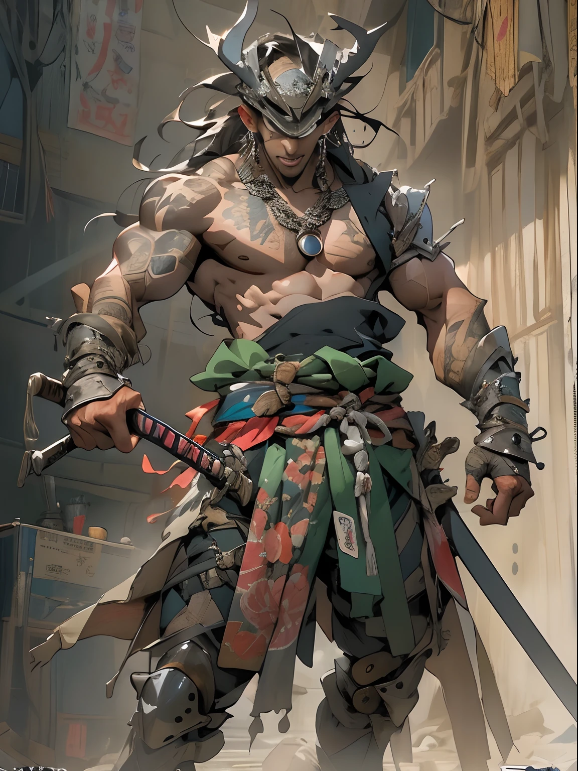 (((mtu))), (((best qualityer))), (((tmasterpiece))), (((AS-Adult))), ((( Japanese ))), Look up from your knees, A handsome Asian samurai man,perfect body figure, Modern samurai, ((( Asian))), Wear gloves on your hands,The left arm is made of steel and metal tips,Made of protective devices, The eyes are pulled, (( Appears below the chest )), (( Small dental floss )), Simon Bisley, Almost naked(Simon Bisley)Castle City Wilderness,For high-resolution posters, hair straight, Minimum clothing, armure (Crazy clothes ), Full of tips and rivets, tribal tattoos, (((full bodyesbian))), Straight brunette hair,Colored hair ends