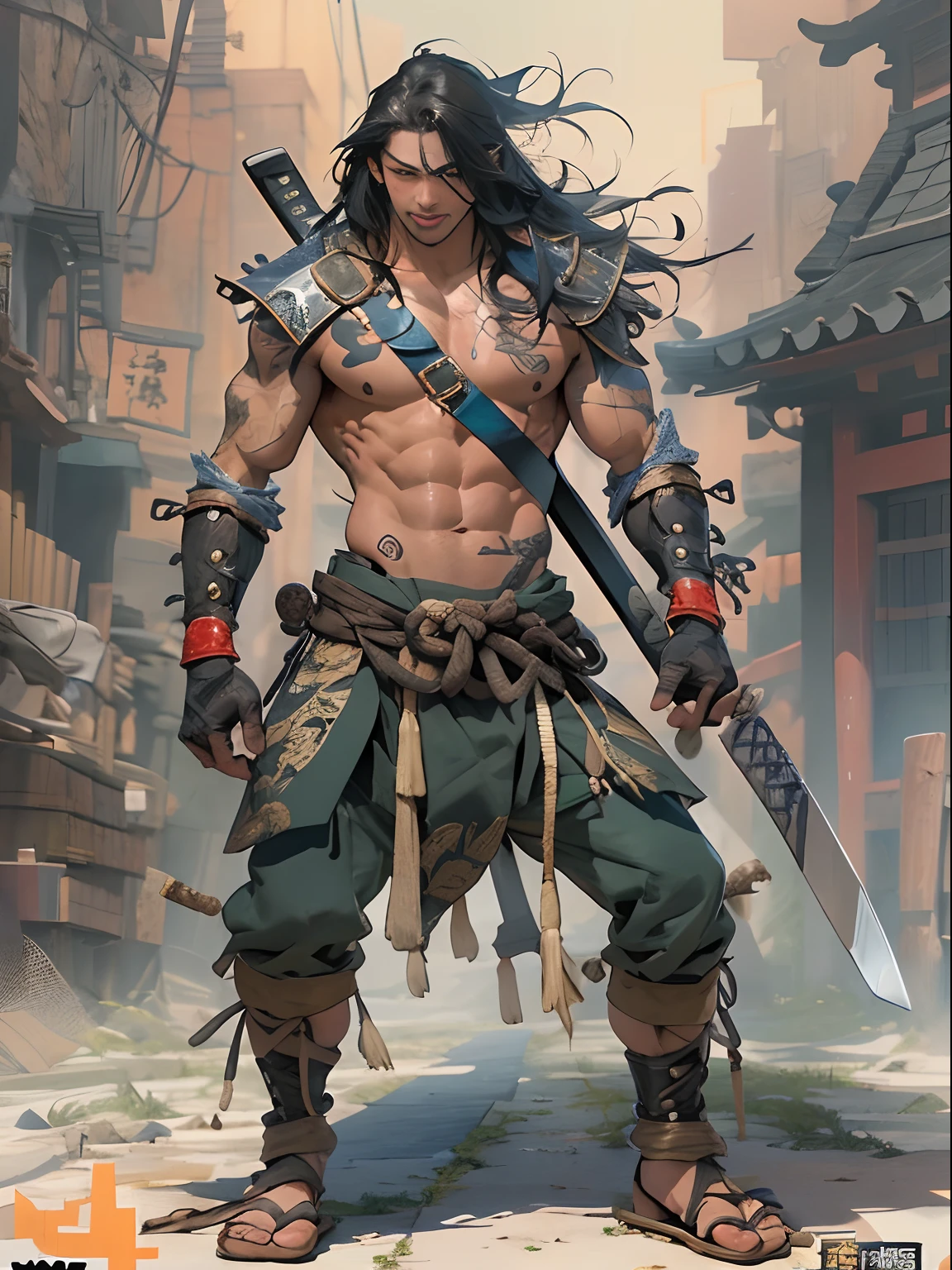 (((mtu))), (((best qualityer))), (((tmasterpiece))), (((AS-Adult))), ((( Japanese ))), Look up from your knees, A handsome Asian samurai man，perfect body figure, Modern samurai, ((( Asian))), Wear gloves on your hands，The left arm is made of steel and metal tips，Made of protective devices, The eyes are pulled, (( Appears below the chest )), (( Small dental floss )), Simon Bisley, Almost naked（Simon Bisley）Castle City Wilderness，For high-resolution posters, hair straight, Minimum clothing, armure (Crazy clothes ), Full of tips and rivets, tribal tattoos, (((full bodyesbian))), Straight brunette hair，Colored hair ends