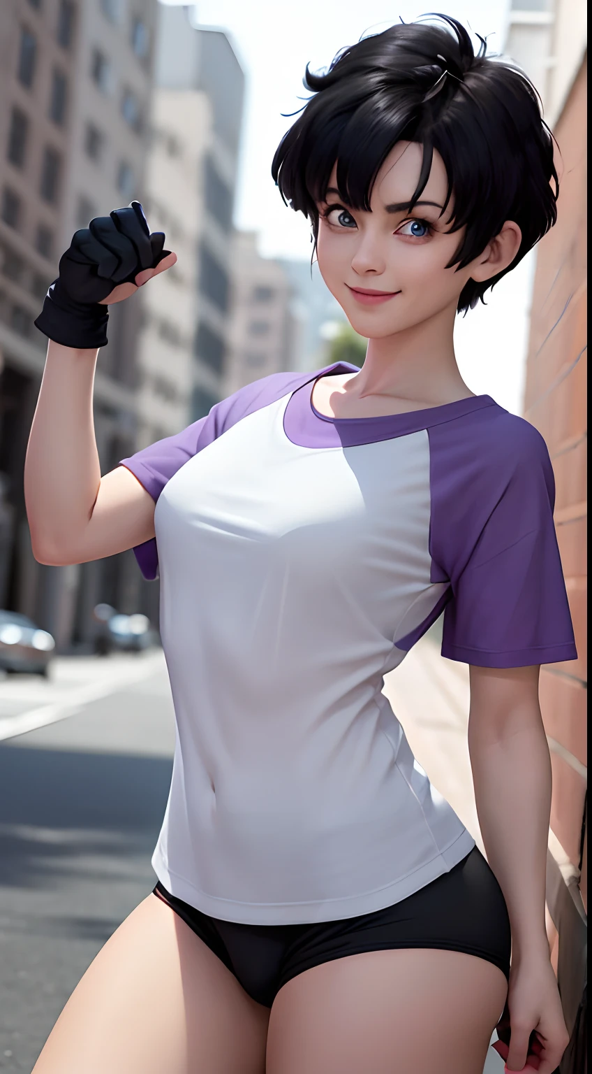 masterpiece, best quality,8k, highres, (videl1:1.1), solo, blue eyes, black hair, short hair, black gloves, bike_shorts, bangs, purple shirt, white shirt, purple short sleeves, medium breasts, cowboy shot, smile, street,