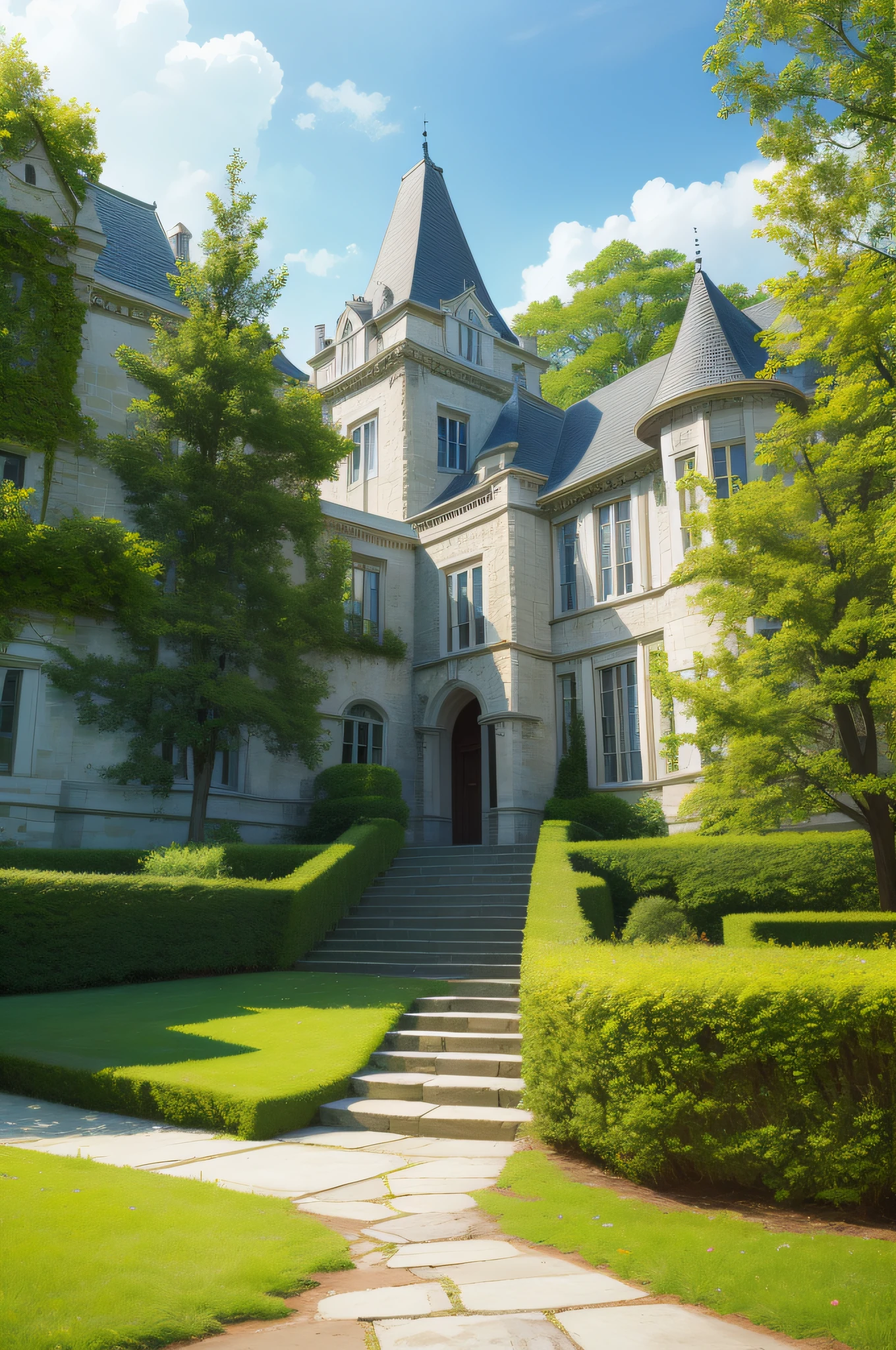 (photo-realism), (Best quality, Masterpiece, Full of details), A mansion with two towers, Many trees, Colorful garden, flower pots, Old mansion, White stone path, Green grass, Blue sky, Sunshine, Brown brick mansion, Ultra HD