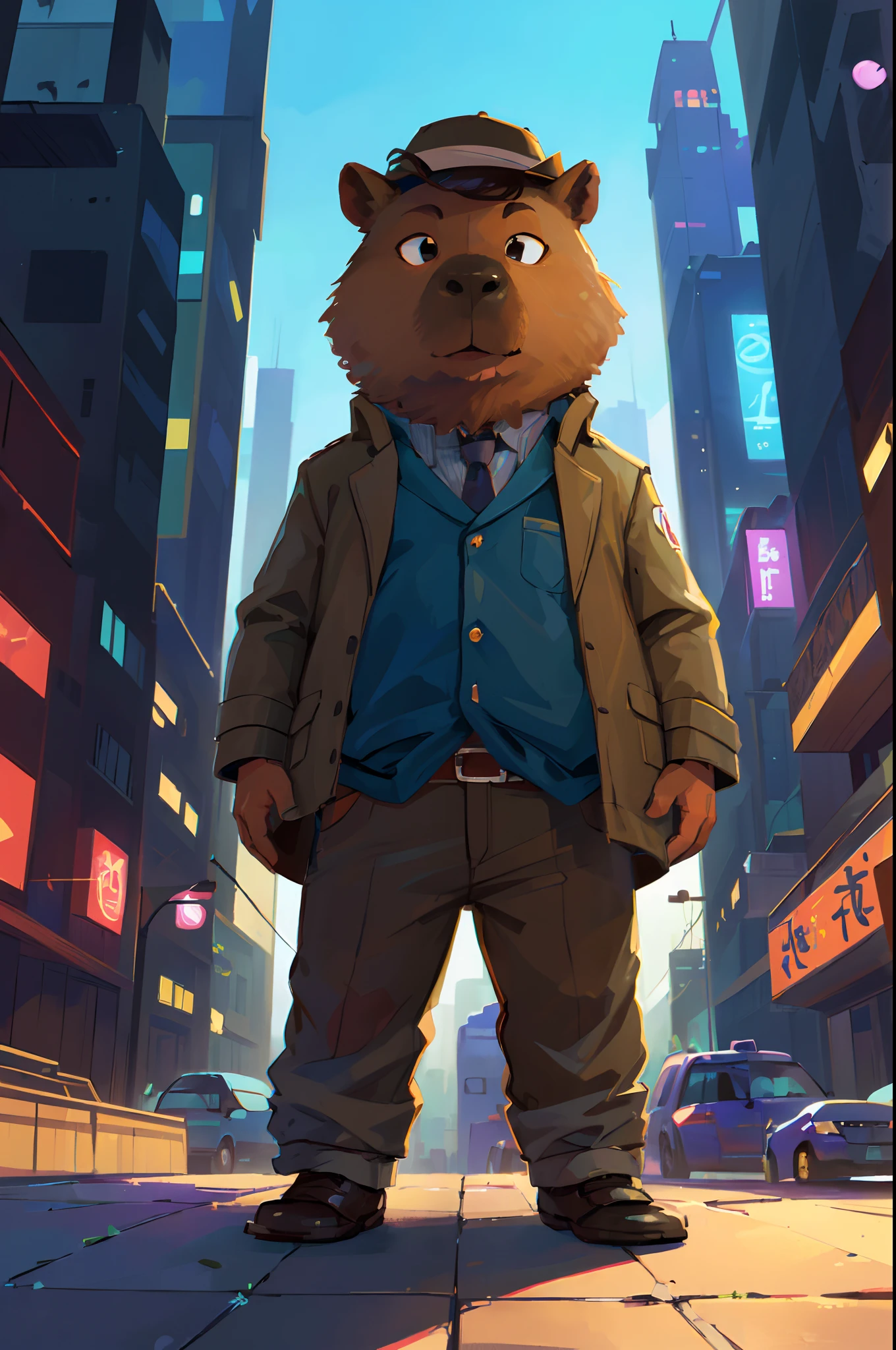 (anime), (sozinho:1.3); caverna, Cavepomorphic humanoid capybara, chubby bipedal capybara, fofo, rechonchudo:1.1, barriga grande:1.2; He's a detective, wearing a hat, usando um trenchcoat, with head down, leaning against the wall; ((looking-into-camera)), Pov, (Front view), Standing; a spaceport on top of a building, CIDADE CYBERPUNK, Naves espaciais e carros voadores ao fundo, ao ar livre; (Personagem original, Volumetric lighting, Melhores Sombras, profundidade de campo rasa, (Very high quality, amazing detail:1.25), (sozinho:1.3), Tintas de cores brilhantes, Dedos finamente detalhados, finely detailed hand, perfeito_Hands, olhos finamente detalhados, perfeito_Alunos)