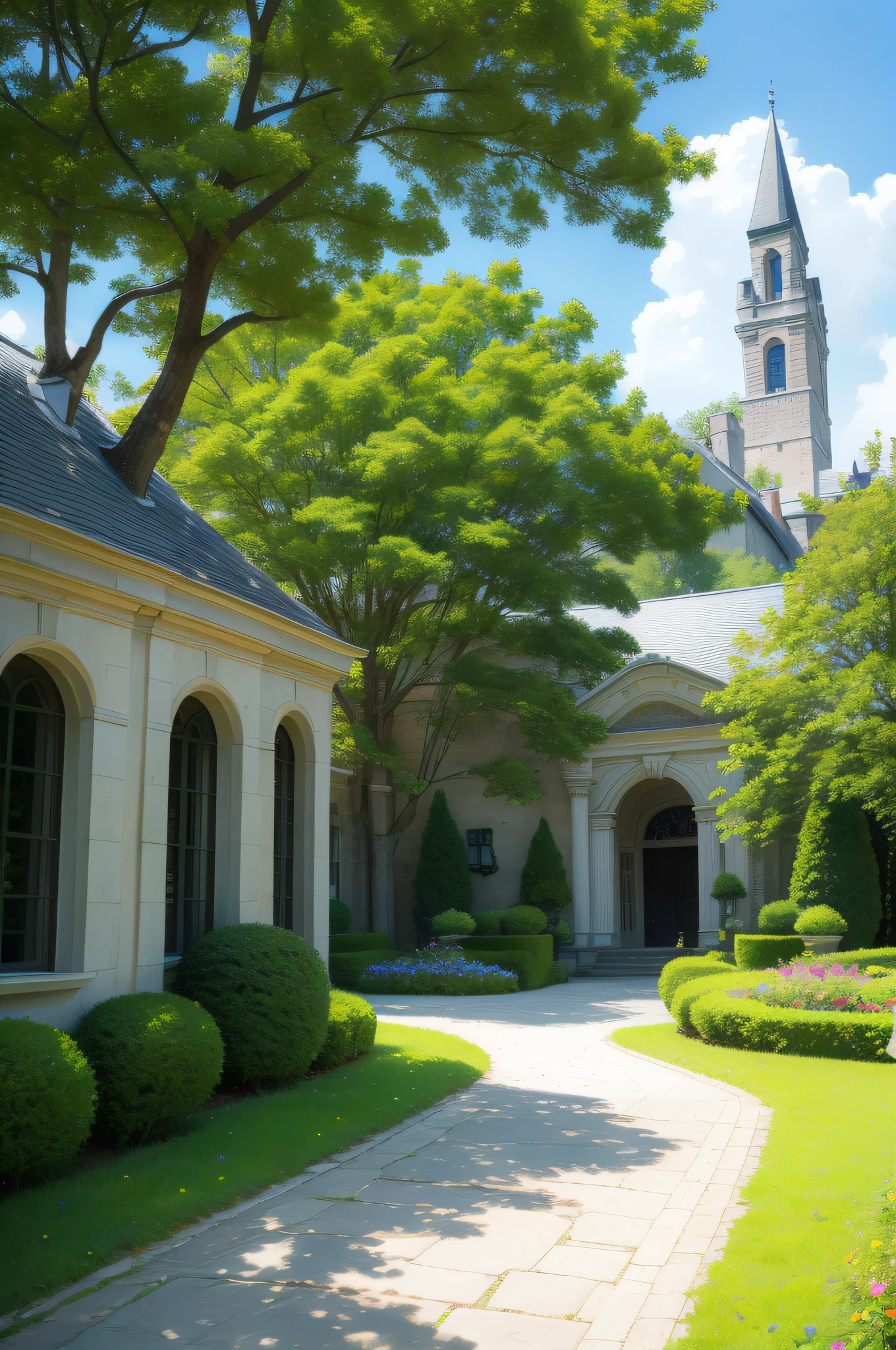(photo-realism), (Best quality, Masterpiece, Full of details), A mansion with two towers, Many trees, Colorful garden, flower pots, Old mansion, White stone path, Green grass, Blue sky, Sunshine, Brown brick mansion, Ultra HD