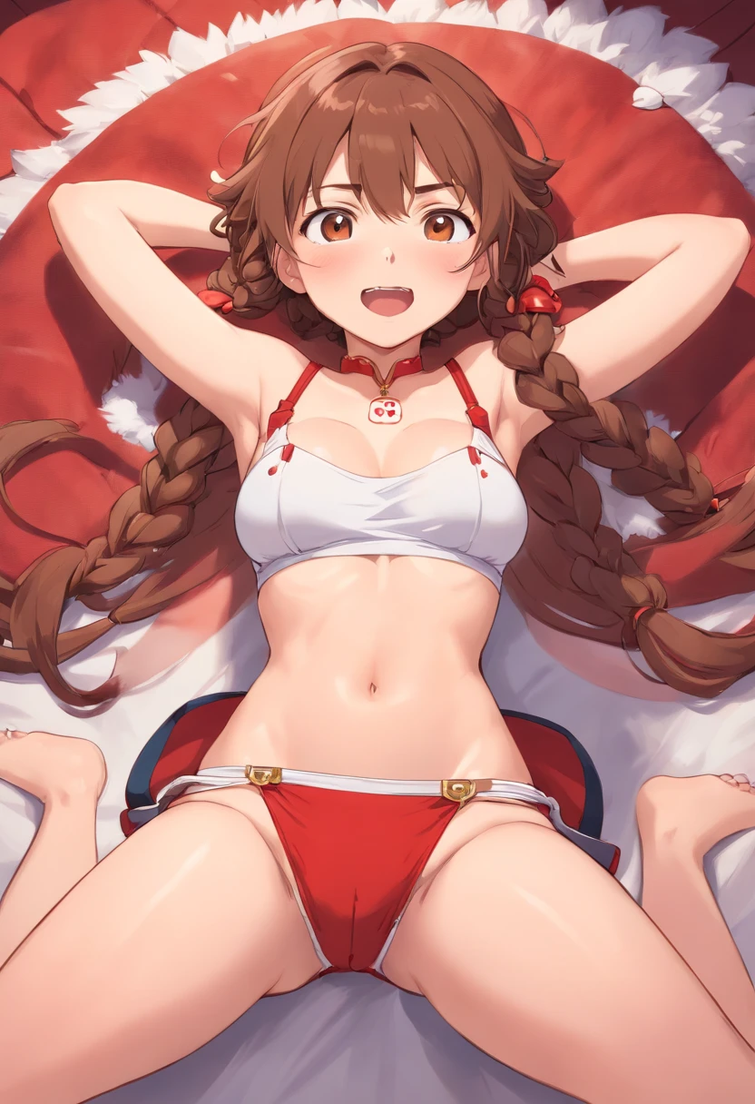 original character, masterpiece, best quality, realistic, perfect balance between light and shadow, Detailed, 1 woman, long brown hair, braided hair, golden brown eyes, face of pleasure, blushing, ahegao face, orgasm, open mouth, sharp teeth, fangs, happy, breasts medium sized, looking at viewer, 1 hand, squeezing a breast, lying down, on her back, legs spread raised, crotch exposed, pussy open, female masturbation, hand in pussy, fingers inserted in pussy, pussy play, inviting viewer, dripping, red miniskirt, white panties on the floor, condom belt,
