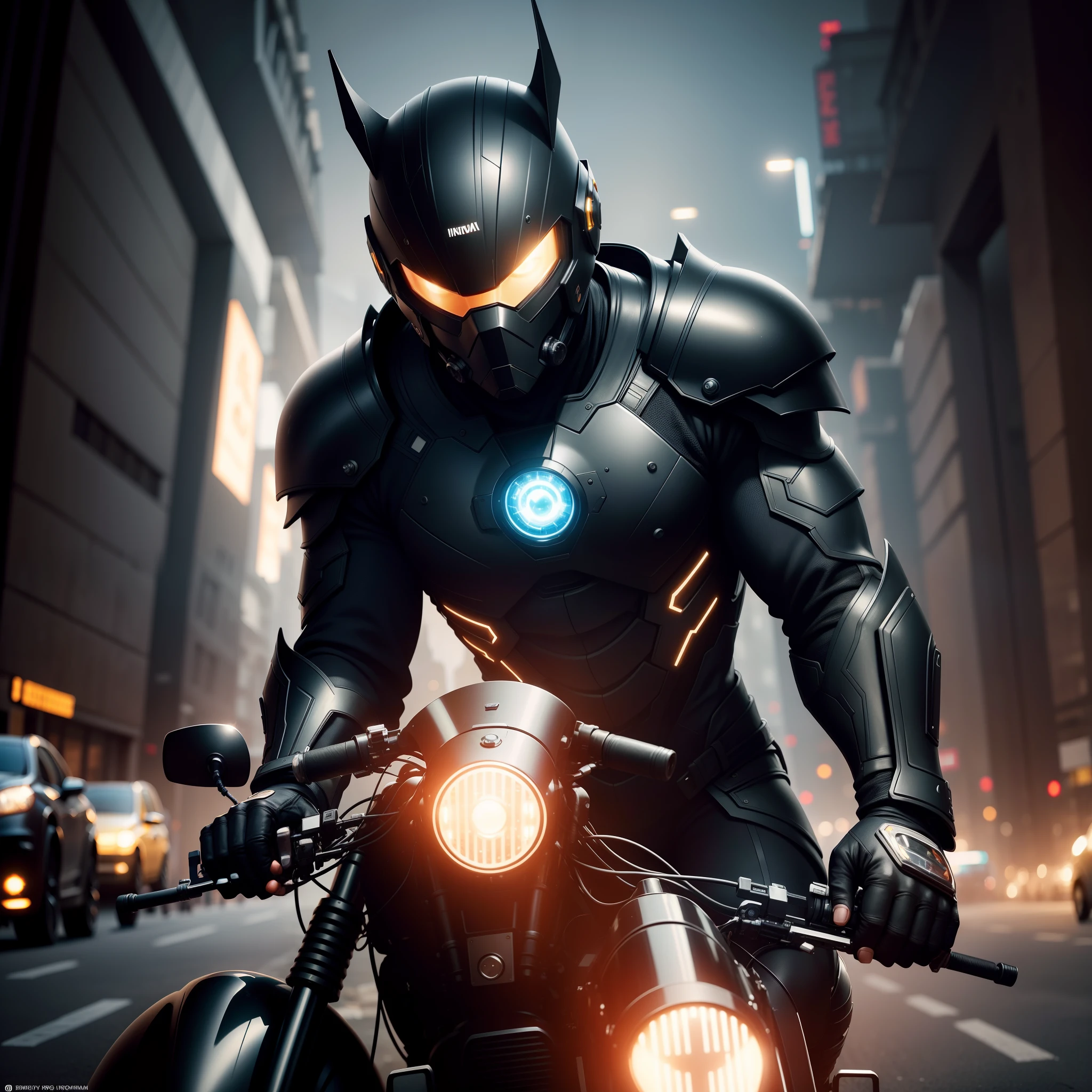 Night time, POV of A black man dressed in a black costume, ninja style with African designs on it, with a black futuristic black helmet, riding a motorcycle through a futuristic tunnel with traffic moving, being chased by three cars with bad guys shooting at him, bullets flying, action movie scene, cinematic shot, Christopher Nolan movie shot, zach snyder movie shot, with iridescent light, 32k, ultra HD, cinematic lighting, highly-realistic image, highly detailed features, artgerm style, bright vibrant and beautiful colours, IMAX resolution quality shot,