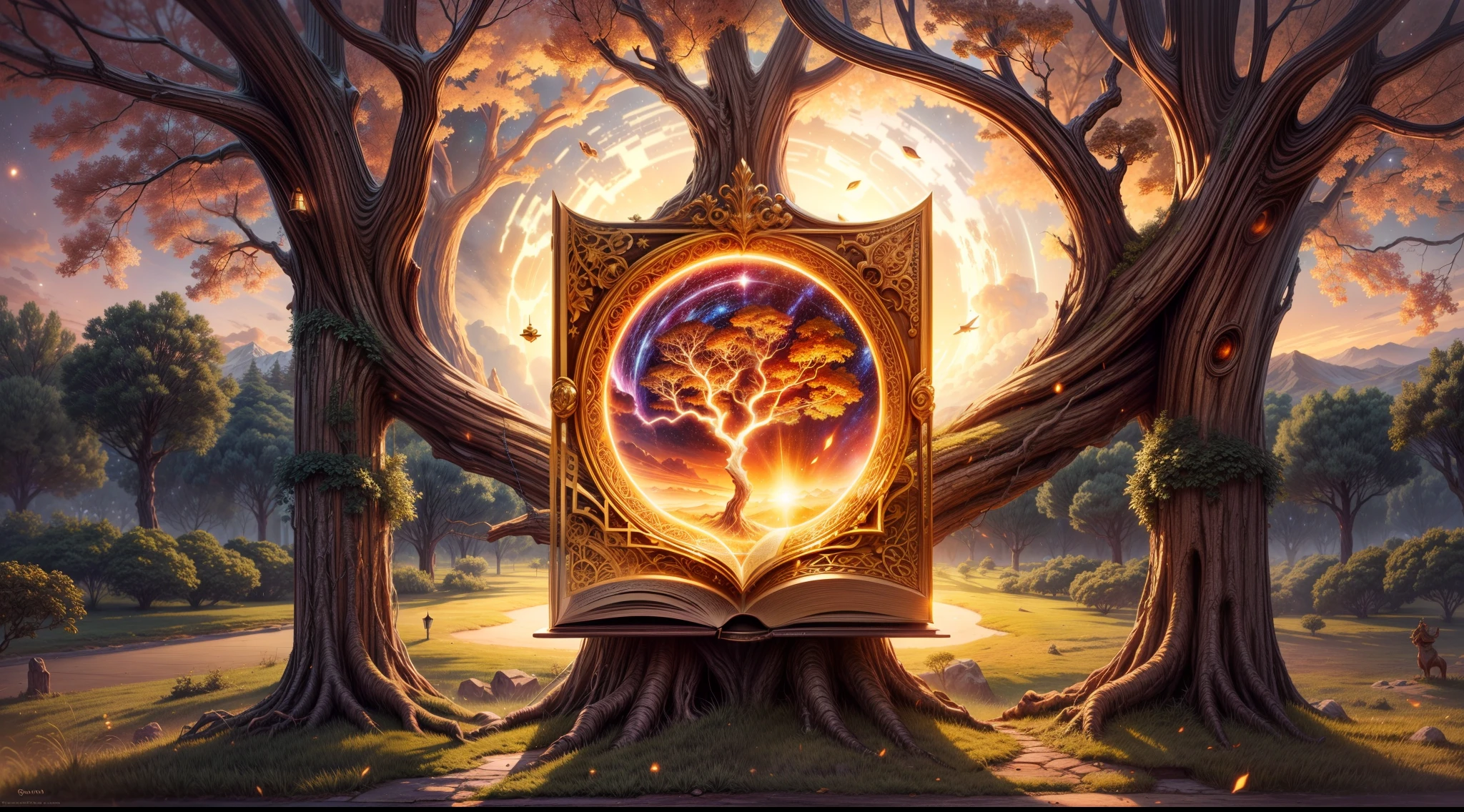 Chronos Portal, tree, galaxy, reading golden ornate book, evening, glow, sunset