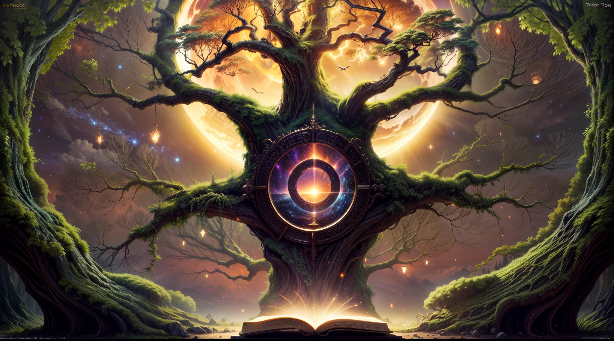 Chronos Portal, tree, galaxy, reading golden ornate book, evening, glow, sunset