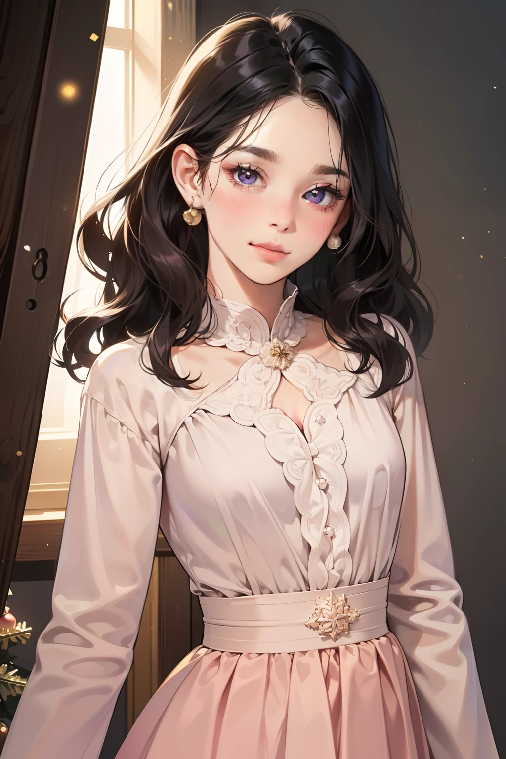 masterpiece, best quality, realistic, mature female, cute, , closed mouth, portrait, extremely detailed face, soft smile, (dark purple eyes), ((long wavy black hair), ((front bangs hair)), [thin eyebrows], ((long sleeve simple ball dress)), no makeup, light smile, ear blush, light blush, short eyelashes, (Yule Ball), full body