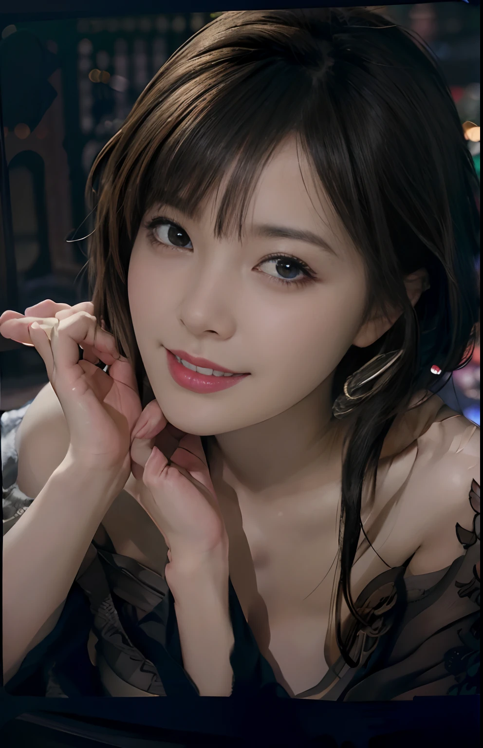 (A hyper-realistic), (Illustration), (Increased resolution), (8K), (Extremely detailed), (Best Illustration), (Beautiful and detailed eyes), (Best Quality), (ultra-detailliert), (masutepiece ), ( Wallpaper), (Detailed face), Solo, 1 girl, Looking at Viewer, Fine details,  In the Dark, Deep Shadows, Detailed face,  pureerosfaceace_v1, Smiling, Short hair, Black straight hair , 46 point slanted bangs, Shy smile, big naked breasts, (fullnude:1.3)