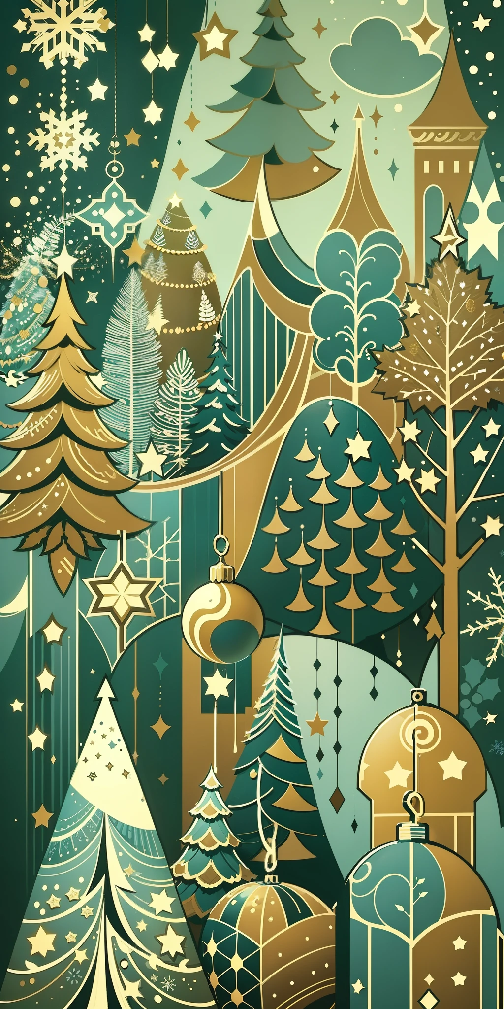 Winter, christmas，Flat style， abstract artistic, 2D canvas, highly  detailed, Graphic design. Patern. Colors are blue and gold
