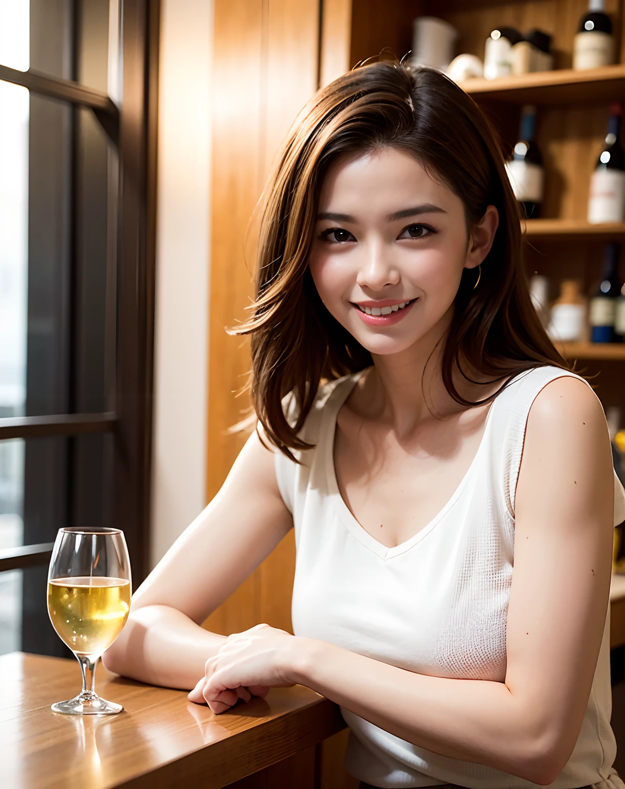 (64K, UHD, top quality, masterpiece: 1.2), (realistic, photorealistic: 1.37), super detailed, pretty woman 1 person, (slim face), (slim body), (brown hair), (short cut), cheeks slightly blushing, (44 years old), 38 years old, solo, beautiful detailed urban night view outside the window, restaurant, wine glasses sit, at night, in a prominent placeNovaFrogStyle, Actress, Model, Waist Up, White Wine, Slim, Wine Glass, Super Clean Night View, Wine Glass Put in the Middle, Happy Smile, (Smile: 1.15), Beautiful Fine Eyes, Upper Body, Bust Japan Up, Night, Short, Short, Actress, Model, Waist Up, White Wine, Slim, Wine Glass, Super Clean Night View, Wine Glass Put in the Middle, Happy Smile,