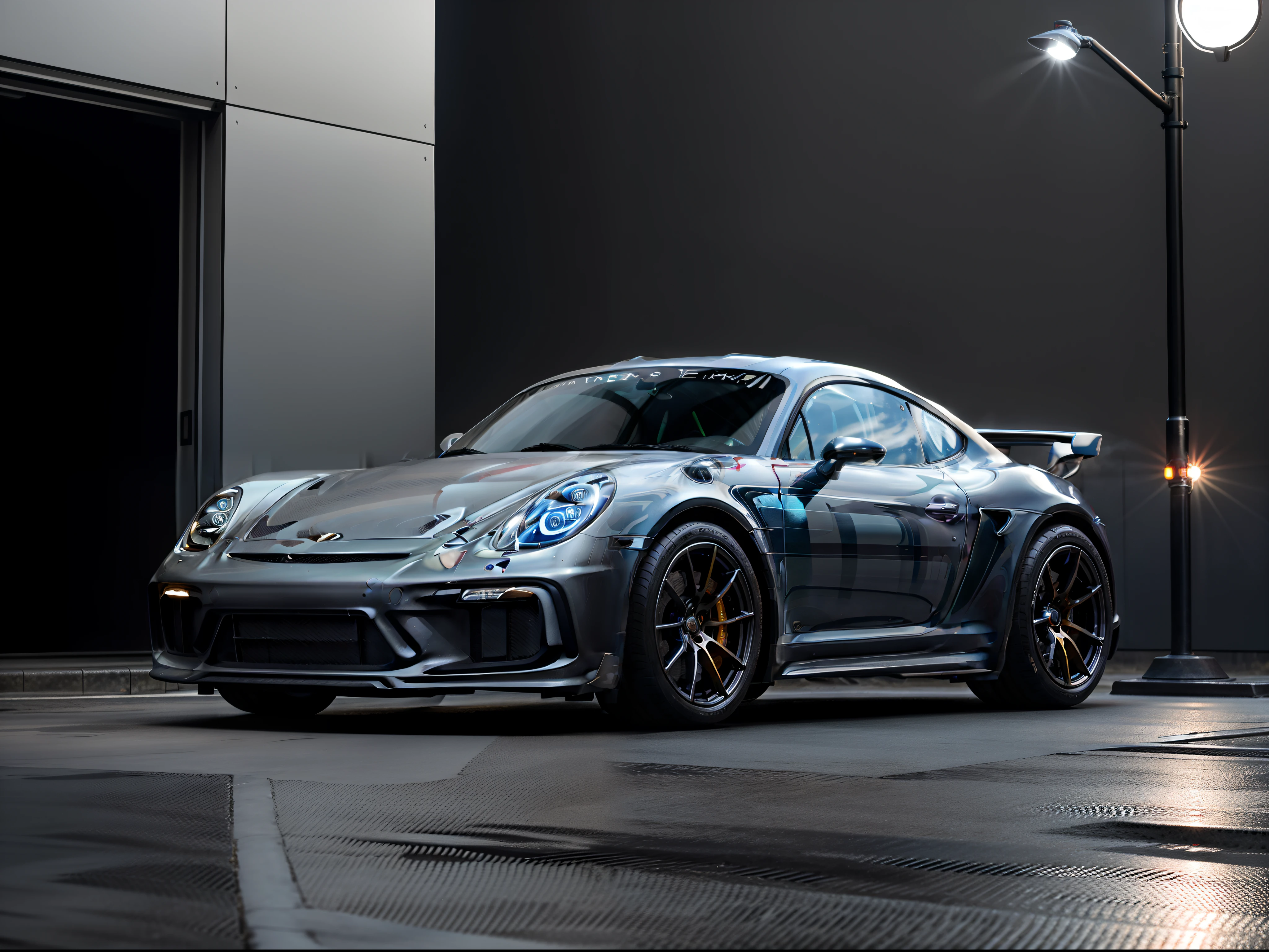 （Ultra-photorealistic quality）、Beautiful ultra-fine painted surface、Cyberpunk Machine、Cyber Equipment、masuter piece，8k wallpaper，nffsw，Ultra-high image quality，light and shadow effect 、((Dark Grey Cayman GT4 RS　1Car)), Ultra-realistic representation faithful to live action、Gran Trismo logo decal on wind window、The hood is wet carbon、Vehicle height is quite low、Forged bronze color wheel、Slightly larger rear wheel、Tilt forward slightly、The front light is covered with smoke、Scramble crossing in Shibuya、city light at night、All 4 rounds、There is a slight camber angle on the outside（Negative camber)Has a、Wearing race tires、Professional Outdoor Lighting、Model 981。