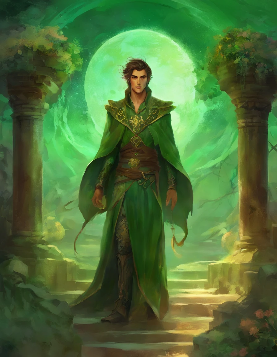 Mago Estilo Necromante: Worn brown tunic, olhos verdes, um cabelo desarrumado. Background image of cemetery, male gender
